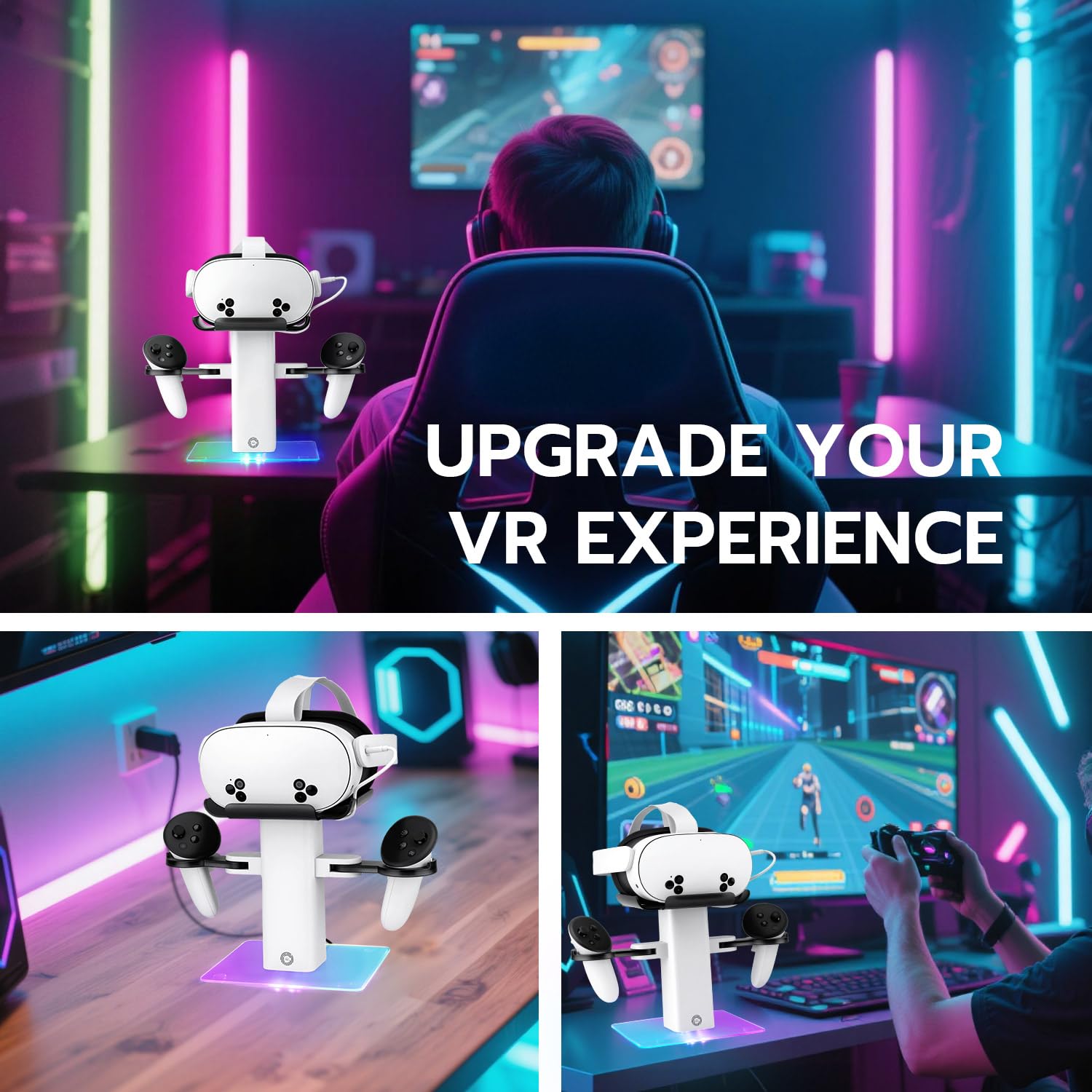 Mcbazel Ladestation für Quest 3S/Quest3/2, 15W USB-C VR-Headset-Ladestation mit RGB-Beleuchtung und Rutschfestem Vertikalständer, Minimalistische VR-Displayhalterung – Weiß