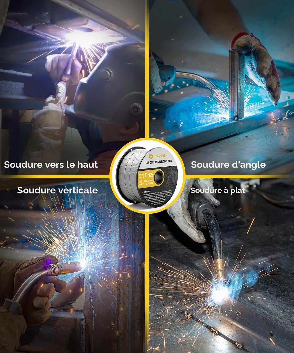 H HZXVOGEN fil fourré sans gaz 0.8mm 3kg, flux E71T-GS, fil de soudage sans gaz, lot de 3 pour équipement de soudage MIG | E71T-GS Fil de soudage à noyau de flux .030, faible éclaboussure