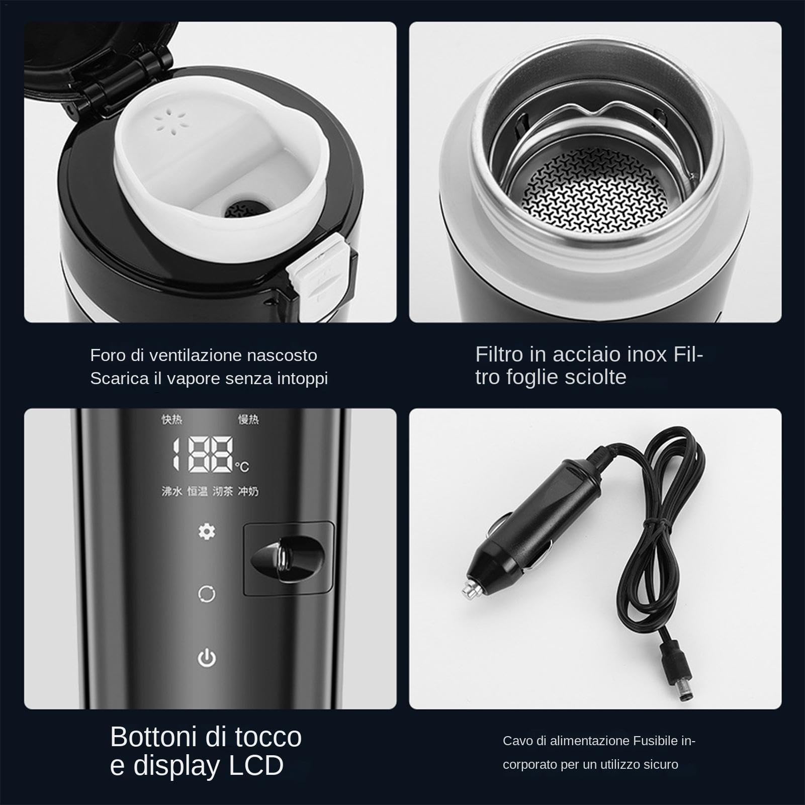 Taza calefactora para coche - Calentador de bebidas para coche, hervidor de control de temperatura | Calentador de bebidas para coche eléctrico de 500 ml, ajustes de temperatura flexibles Riscal