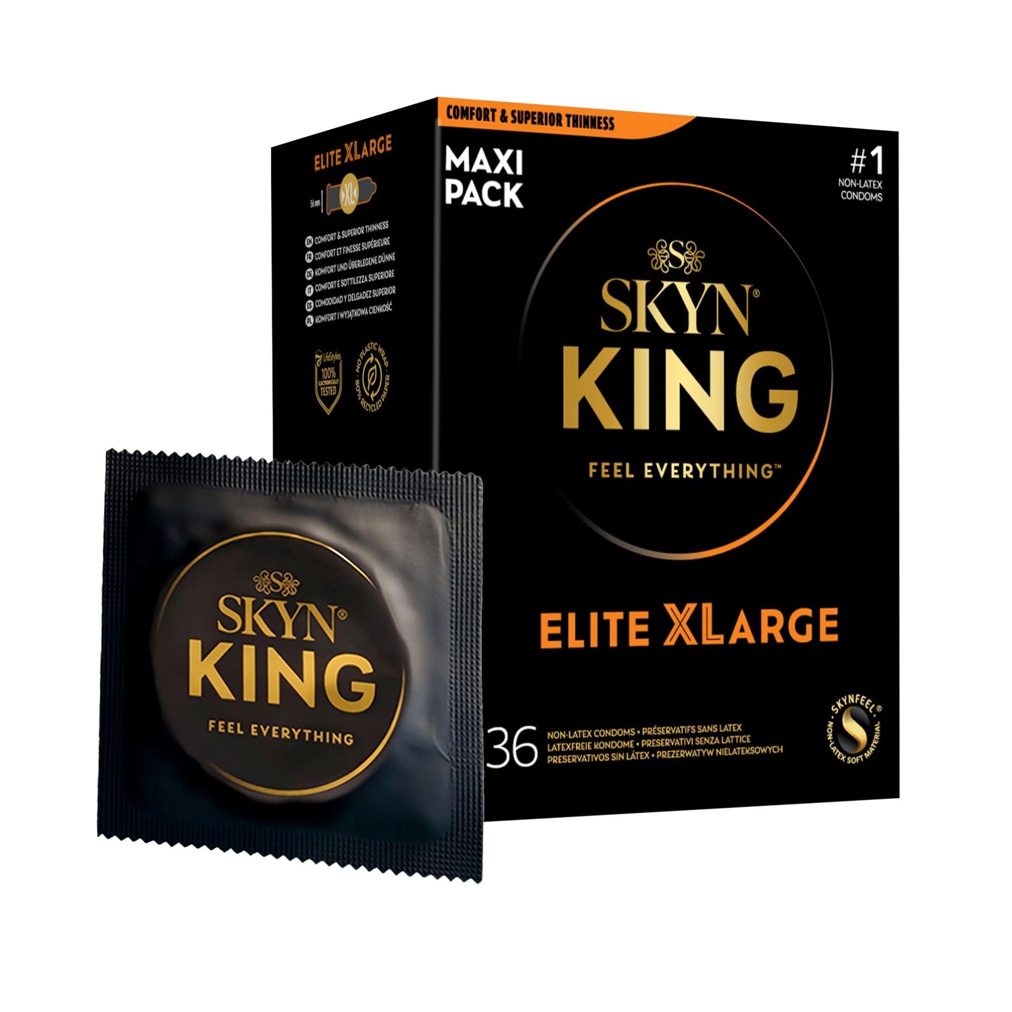 SKYN King Elite X-Large Kondome (36 Stück), latexfrei, Skynfeel, für Männer, normale Größe, ultradünne und weiche Kondome, glatte gerade Form, 56 mm breit