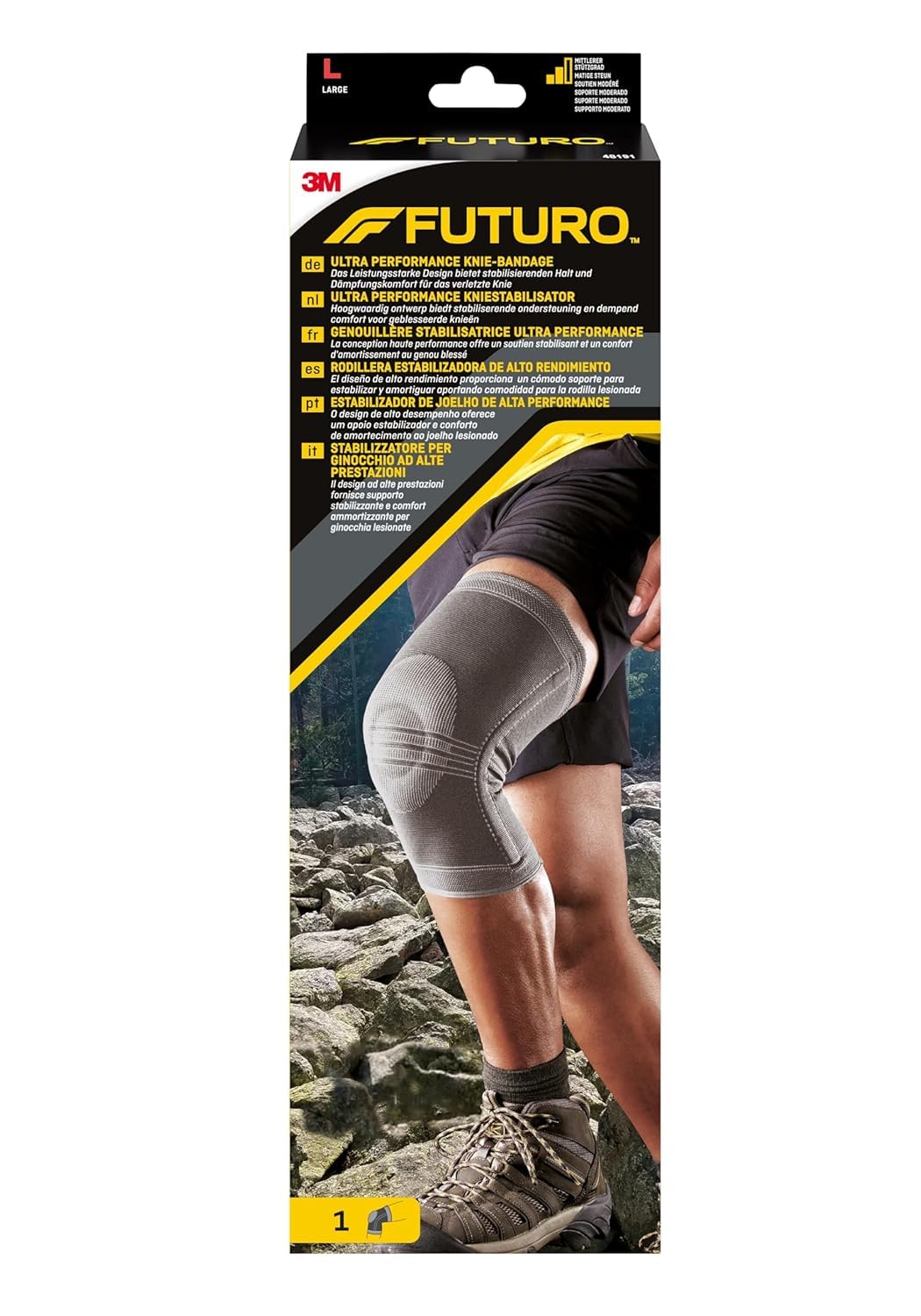 FUTURO Ultra Performance Knie-Bandage, Größe L - Knieorthese mit Gelring und Seitenstabilisatoren, Atmungsaktiv, Rutschfest, Kompression und Stabilisierung für Verletzte, Schwache oder Steife Knie