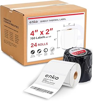 - enKo 4" x 2" Labels for Zebra Desktop Printers (24 Rolls | 18,000 Labels) - Direct Thermal Address Mailing Shipping Barcode FBA Stickers FNSKU Label for Zebra and Eltron (Perforated)