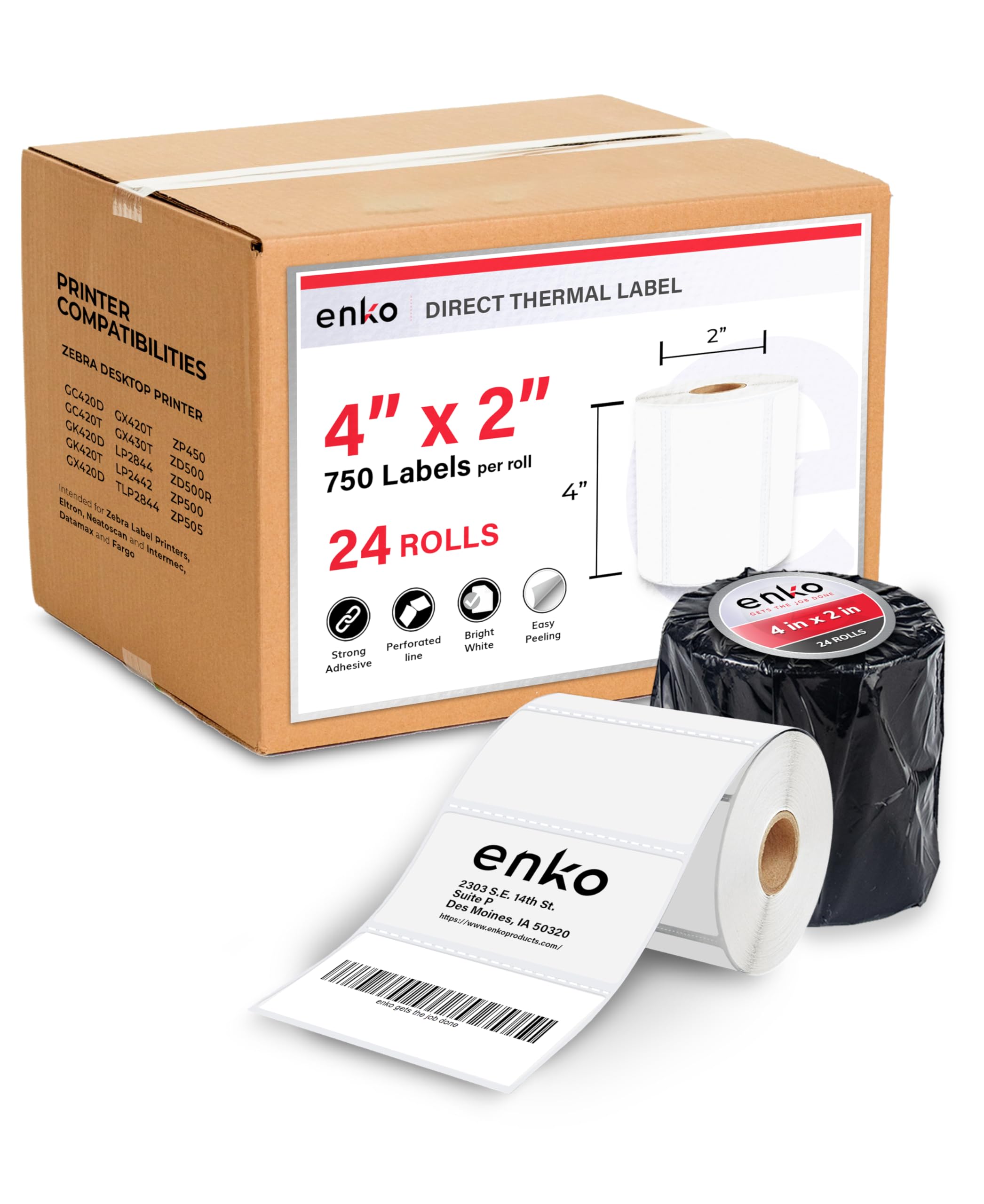 - enKo 4" x 2" Labels for Zebra Desktop Printers (24 Rolls | 18,000 Labels) - Direct Thermal Address Mailing Shipping Barcode FBA Stickers FNSKU Label for Zebra and Eltron (Perforated)