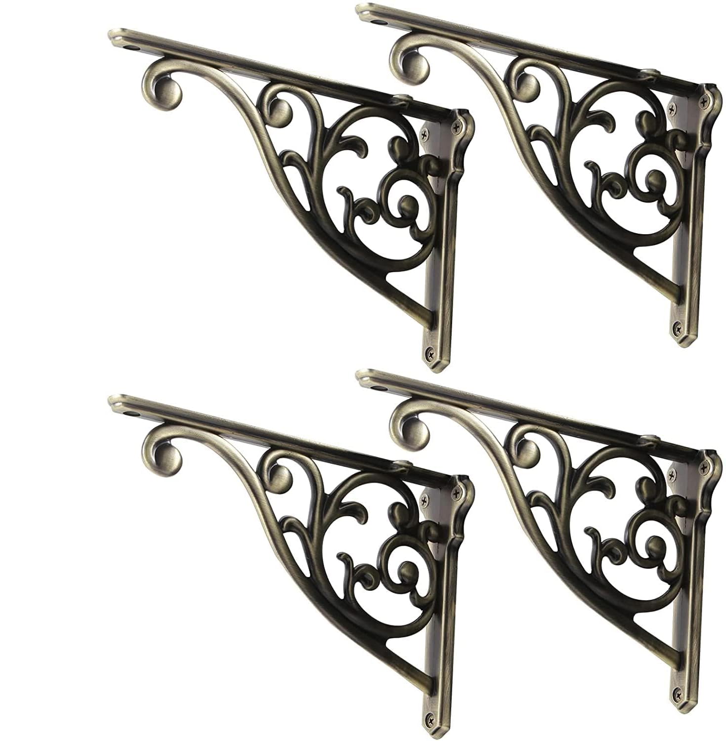 Shelf Brackets 6 Inch 4 Pack Heavy Duty Brushed Antique Brass Wall Bracket Victorian Kitchen Decorative Rack Shelves, Shelf Bracket Available in 8 finishes. (4, Brushed Antique Brass)