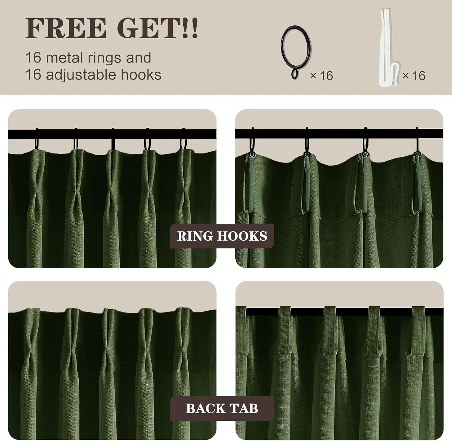 Olive Green Christmas Curtains for Living Room 90 Inch Pinch Pleated Linen Curtain, Light Filtering Pleat Drapes Thick Ceiling Semi-Sheer Curtain with Hooks for Sliding Glass Door Study Room 2 Panels