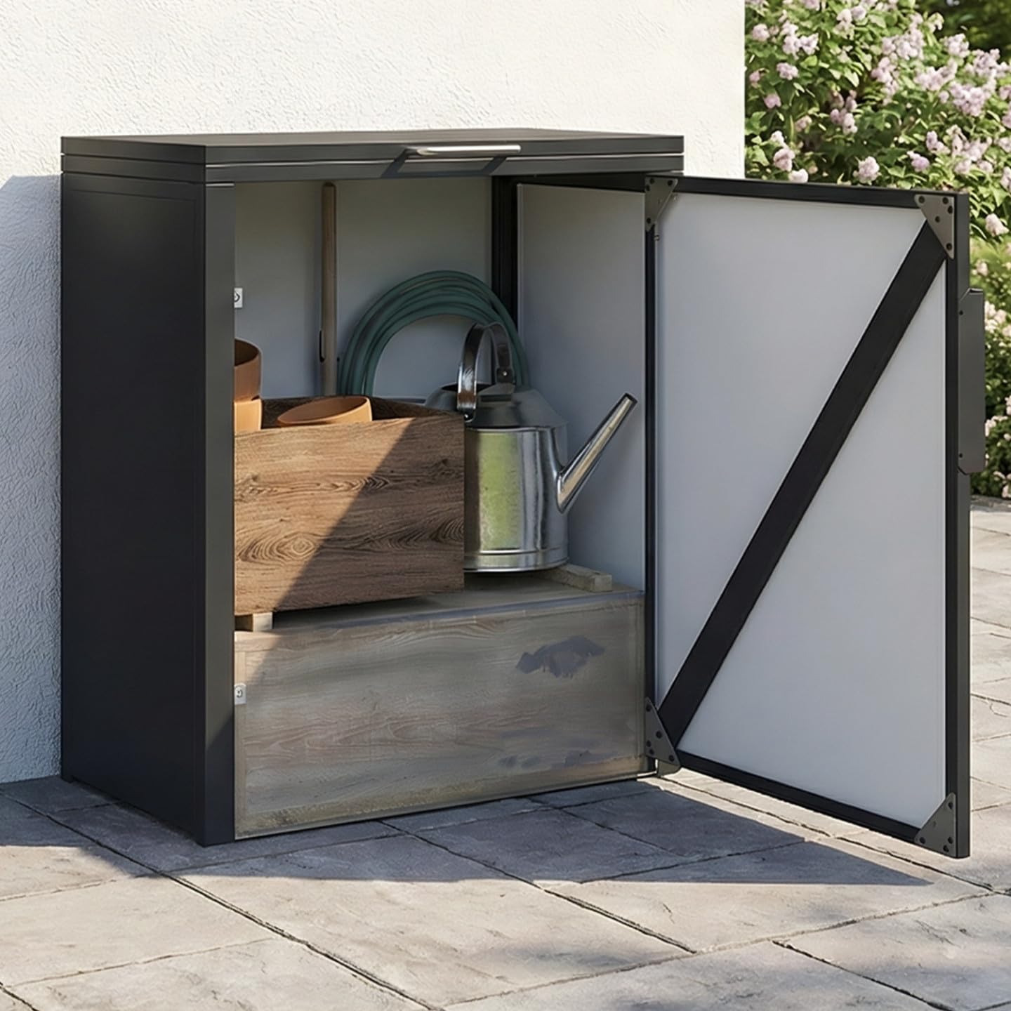 IDMarket - Gartenschrank aus Metall 70 x 40 x 80 cm Anthrazitgrau mit Aufstelldach Doppeltür und Regal
