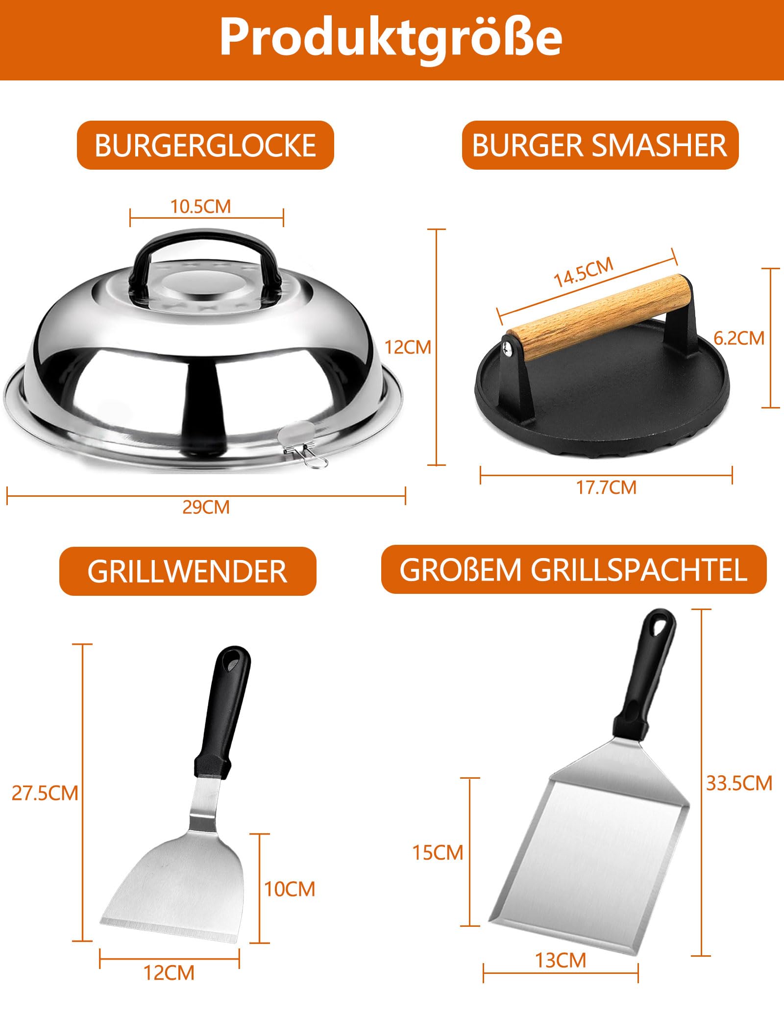 Kit Accessori Barbecue con Grande Pressa Hamburger, Spatola Cucina Acciaio Inox, Spatole per Hamburger, Burger Dome, BBQ Regali per Uomini, Smash Burger Press Set Professionali per Planchas Teppanyaki