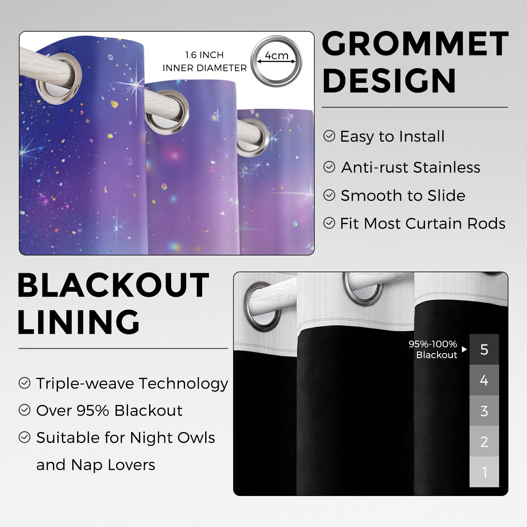 Generisch Blickdichte Vorhänge Galaxie Nebel Gardinen mit Ösen für Wohnzimmer Schlafzimmer, Sternennacht Mädchen Deko, Thermo Verdunklungsvorhänge 2er Set, H 175 x B 140 cm X&-167