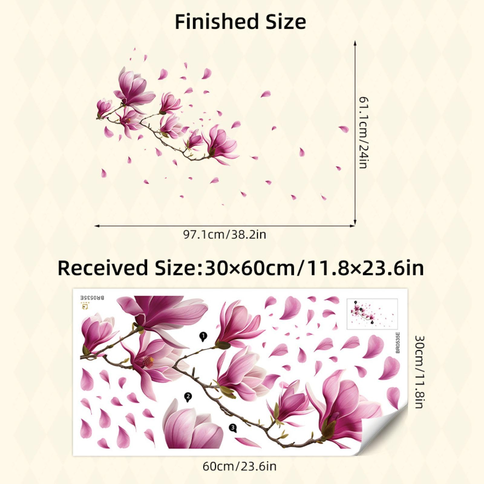 FUFUQUARE Pink Magnolia Flowers Wall Sticker Chinese Ink Floral Wall Art Decals Vinyl Removable Peel and Stick for Bedroom Living Room Sofa TV Background Decorations - Image 4