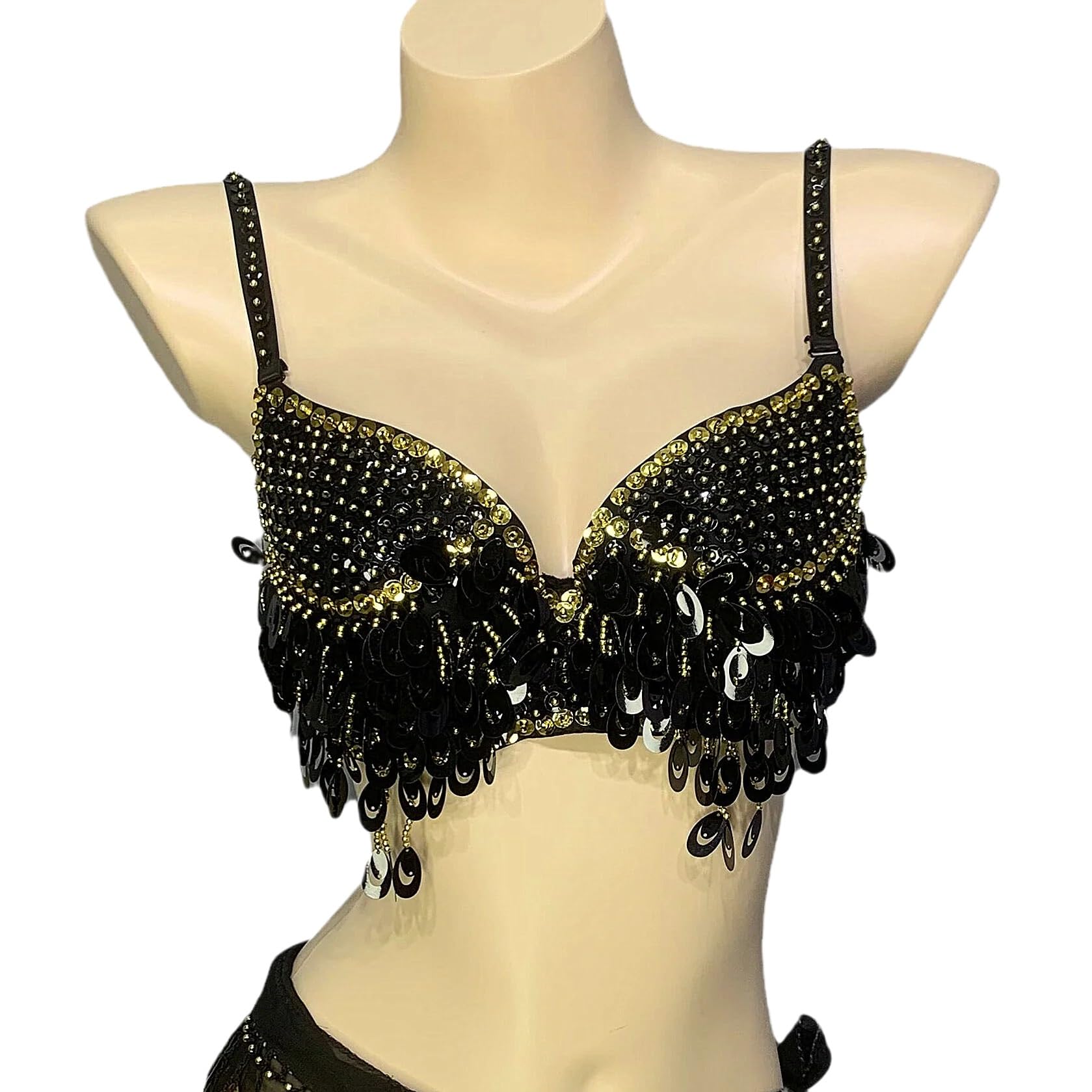 LIUHLFSR Beading Sequins Bra Belly Dancing Costume Top Bras For Womens Ladies Nightclub Dancerwear Stage Performance Wear for Dancing Carnival Party(Black,36c)
