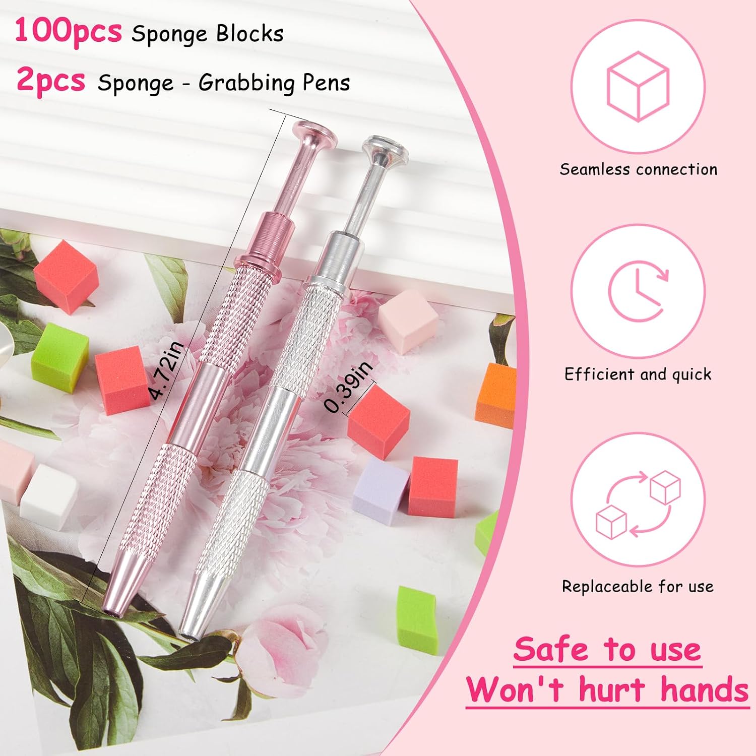 100pcs Colorful Cube Nail Sponges for Ombre, 2pcs Pink and Silver Metal Clip Pens for Grabbing Nail Art Sponge Ombre Nail Brush for Nail Art image 2