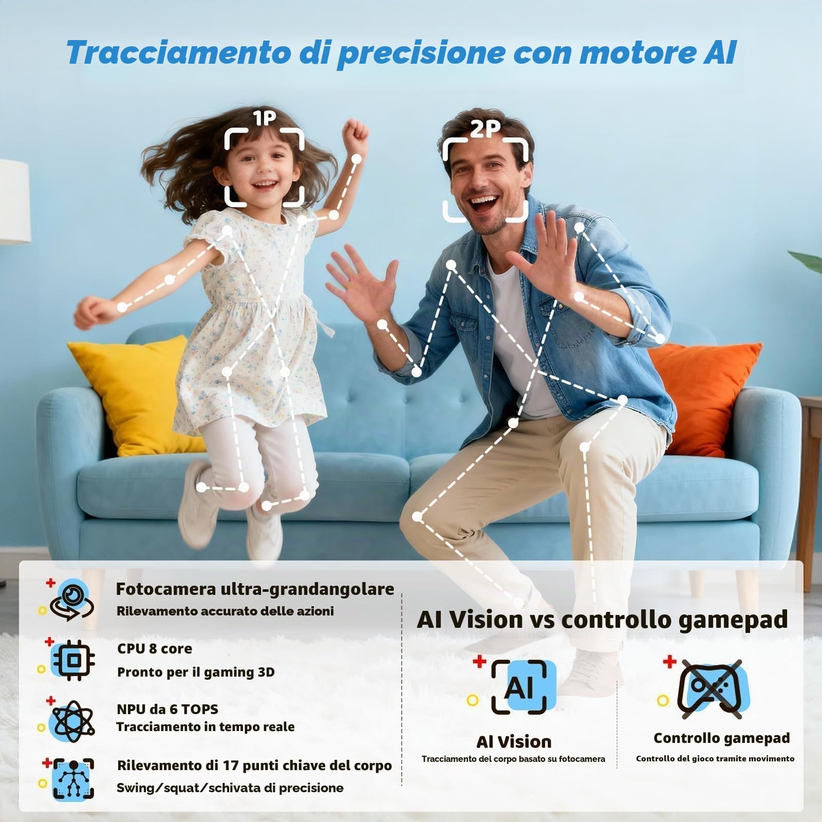 MotionX Console di Giochi a Sensore di Movimento, console interattiva per videogiochi con fotocamera HD, 2 giocatori, 51+ giochi, Senza Abbonamento, Regali per Bambini e Bambine dai 3 Anni in su