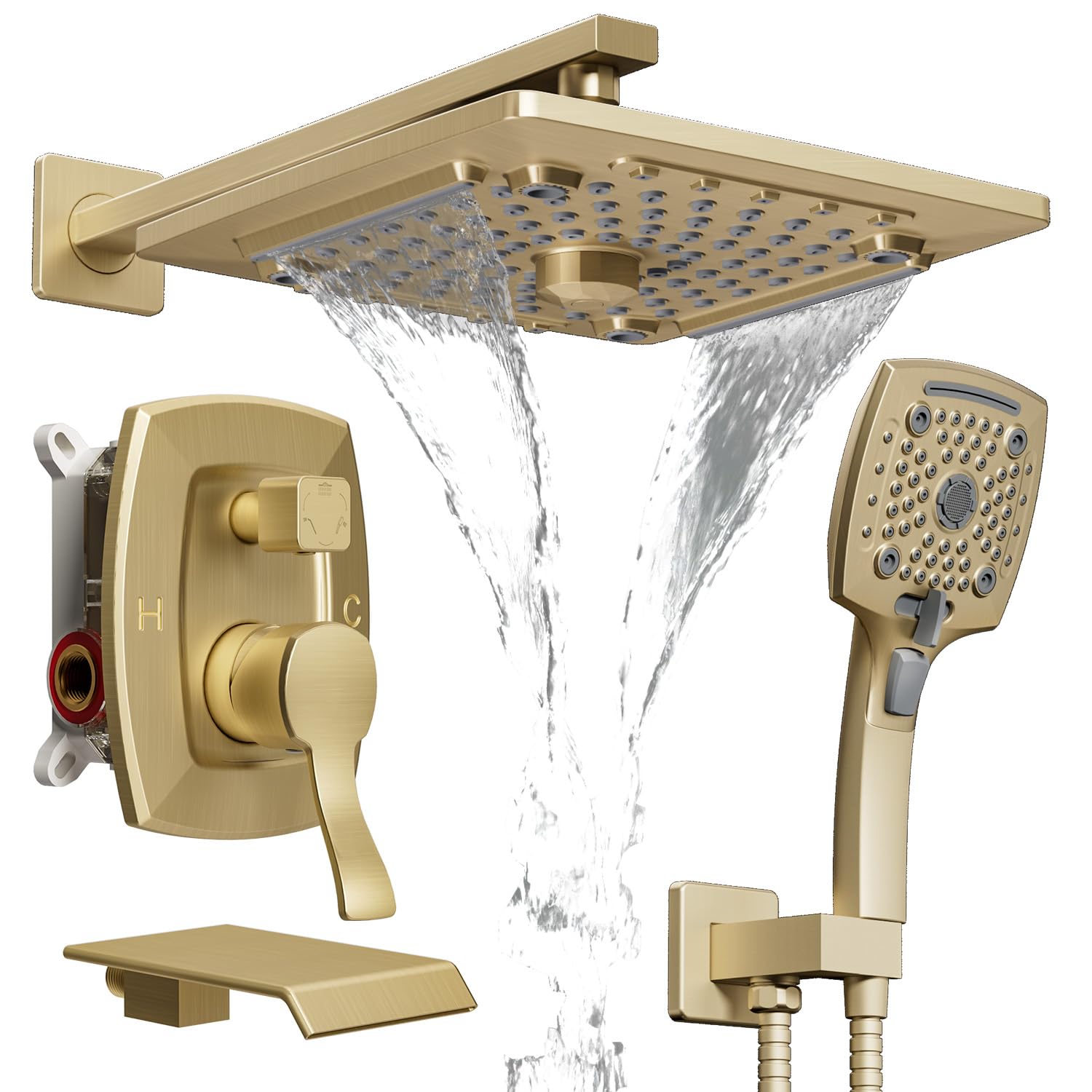 Photo 1 of ELLO&ALLO Bathroom Shower Faucet Set Mixing Valve and Trim Kit, Complete Shower System with Tub Spout, Brushed Gold