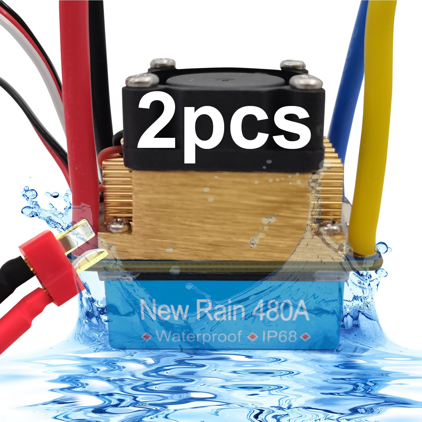 T Plus 480A Waterproof Brushed ESC Speed Controller with 5V/3A BEC for 1/10 RC Crawler SCX10 D91 Traxxas Tamiya HSP RC Car x2, Blue, YF-T-480A x2