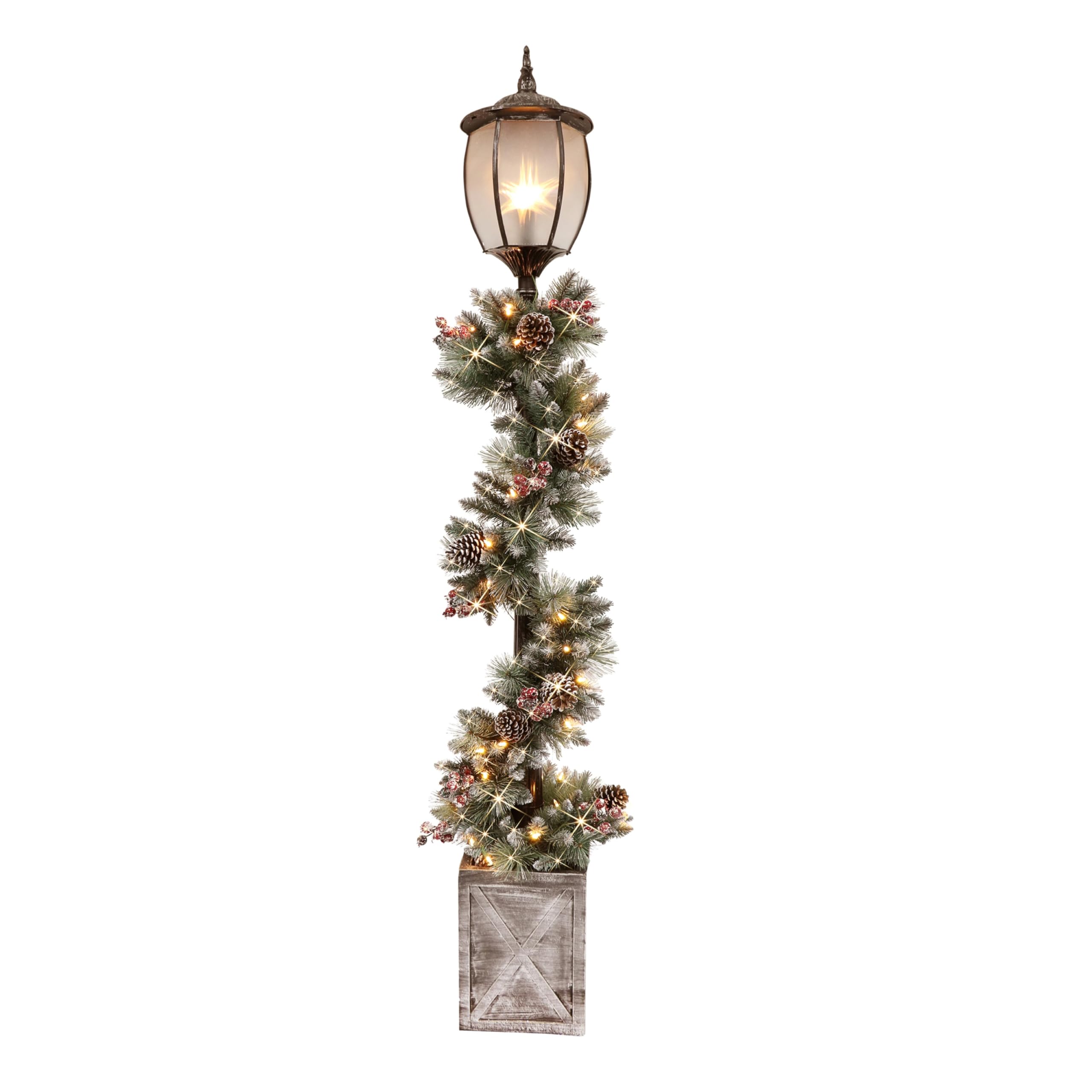 Puleo International 7' Lamp Post with Decorated Garland and 50 Warm White LED Lights