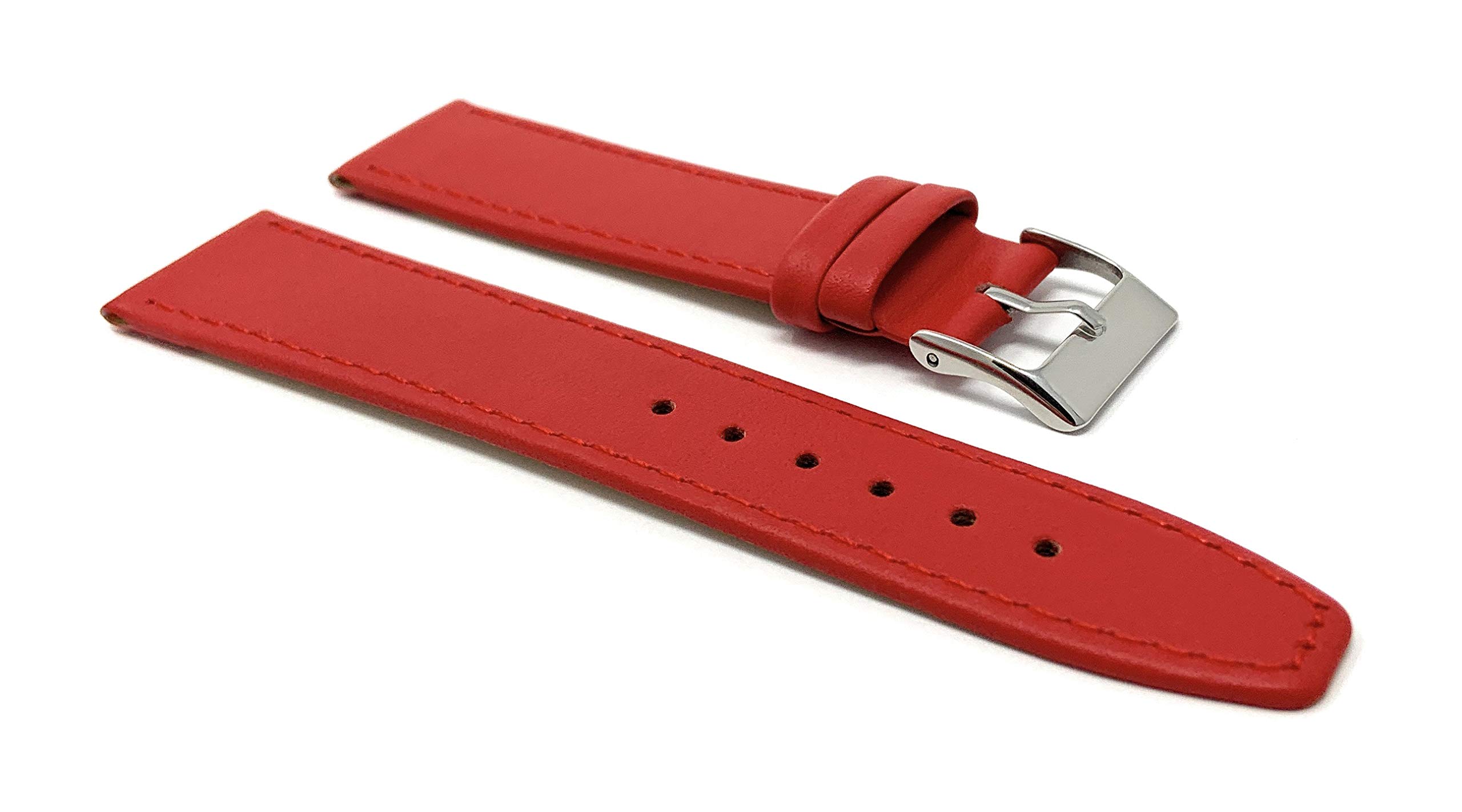 Bandini Extra Long 16mm Womens Italian Leather Watch Strap Band - Red with Stitching - Classic - Slim