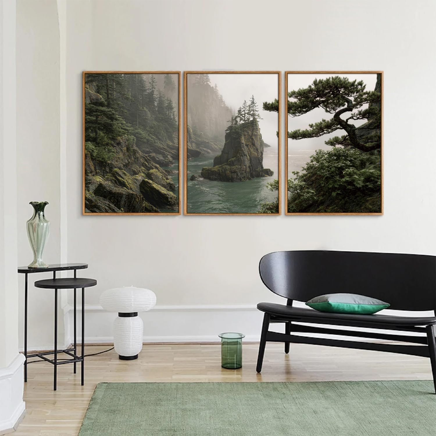 Rantodecor Coastal Forest Framed Canvas Wall Art, Pacific Northwest Coast landscape Wall Decor, Nature PNW Mountain Sea Art Paintings, Sage Green Pine Artwork for Bedroom Living Room Office 16"x24"x3