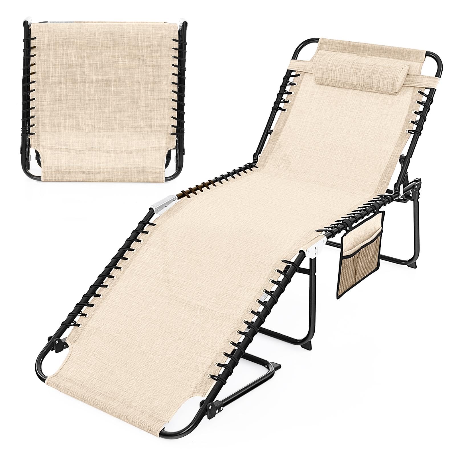 Multigot Folding Sun Lounger, 4-Level Adjustable Patio Chaise Lounger with Removable Headrest and Side Pocket, Outdoor Leisure Sun Bed Portable Deck Chair for Poolside Backyard (Beige, 168x69x86cm)