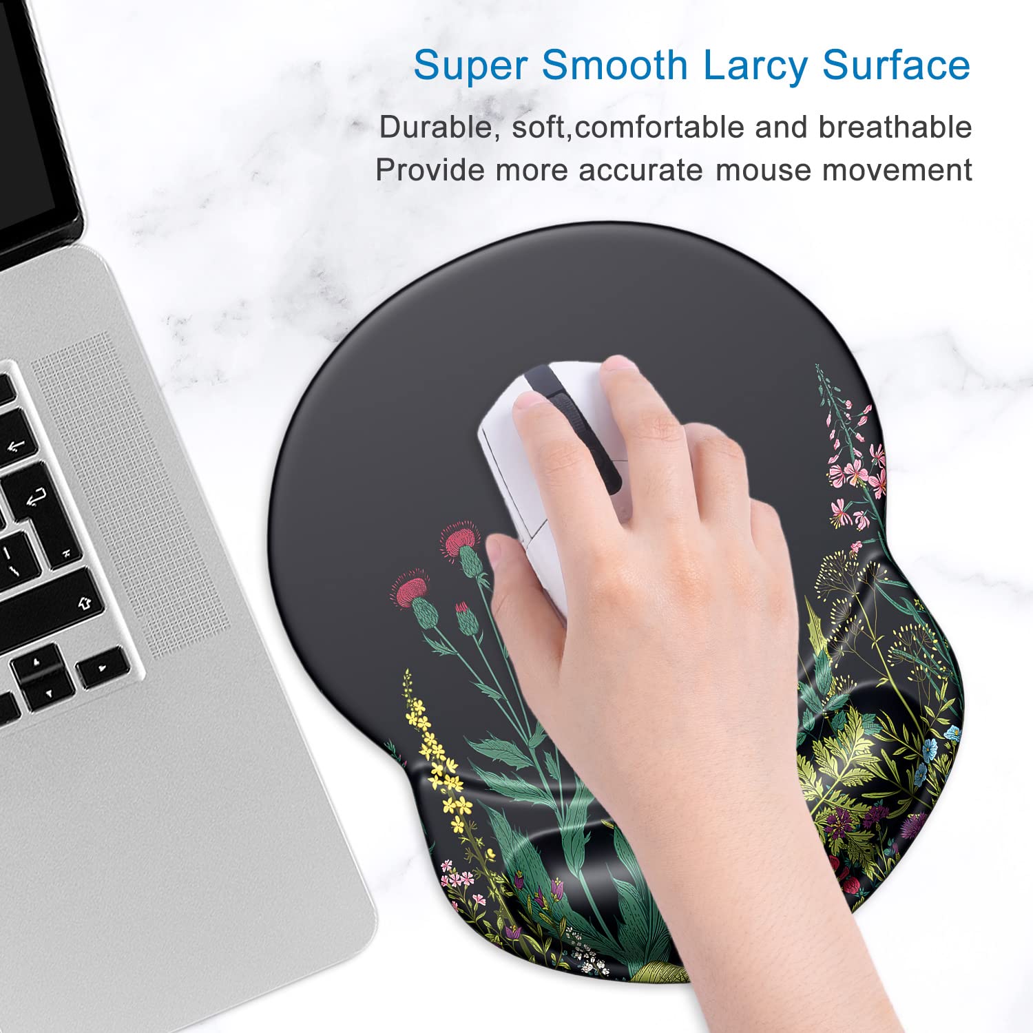 ITNRSIIET Tapis de Souris Ergonomique avec Support en Gel pour Repose-Poignet soulagement de la Douleur avec Base en polyuréthane antidérapant Noir, Fleur Sauvage - 3