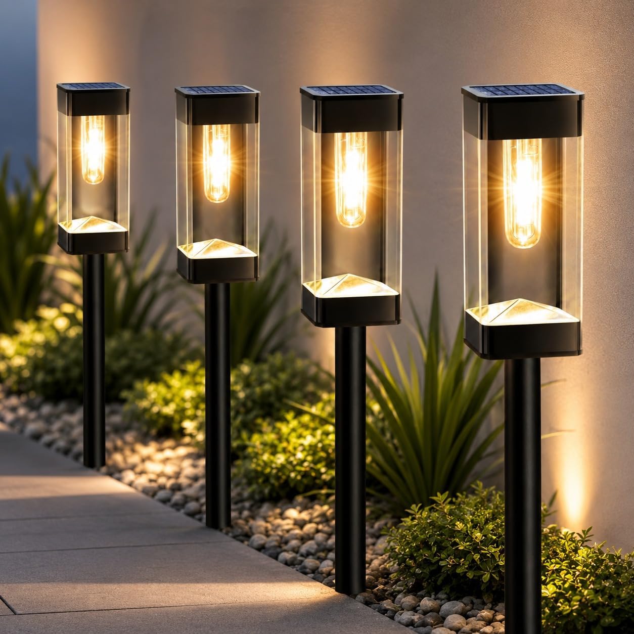 hukimoyo solar light outdoor home garden waterproof solar led street pathway lights,post light with pole 8 hrs automatic sunlight landscape for terrace balcony driveway park (rectangular frame, 1 pc)