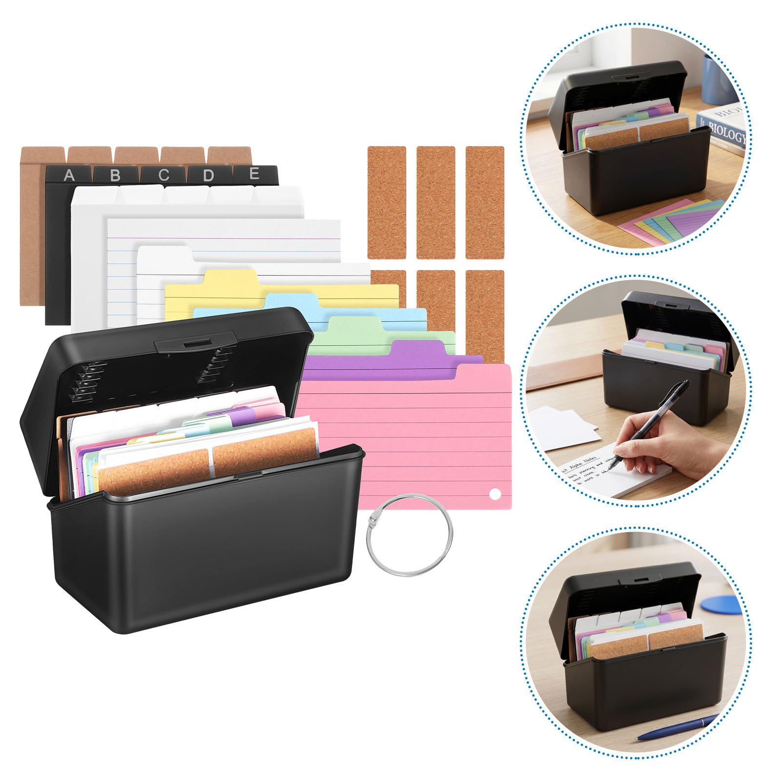 2 Sets Schwarze Karteikasten Box für Karteikarten mit Trennkarten und Aufklebern Kompakte Aufbewahrung für Büro und Zuhause Praktisches Lernkarten