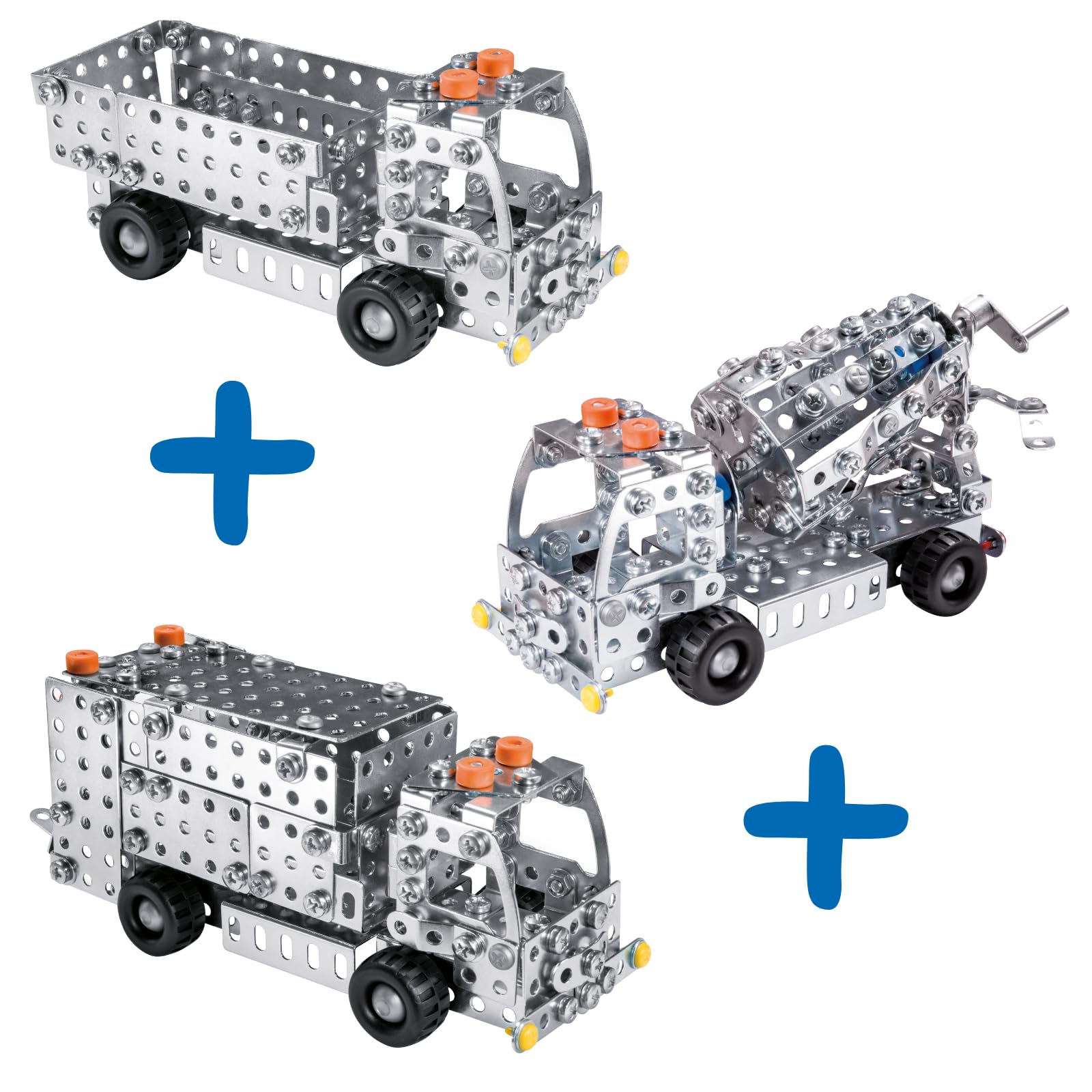 Eitech LKW Kipplaster, Betonmischer und Müllauto - Metallbaukasten 3er Set | 800+ Teile, Konstruktionsspielzeug Mädchen Junge 8 9 10 Jahre, Bastelset, Modellauto, Geschenk Kinder, Konstruktionsspielzeug
