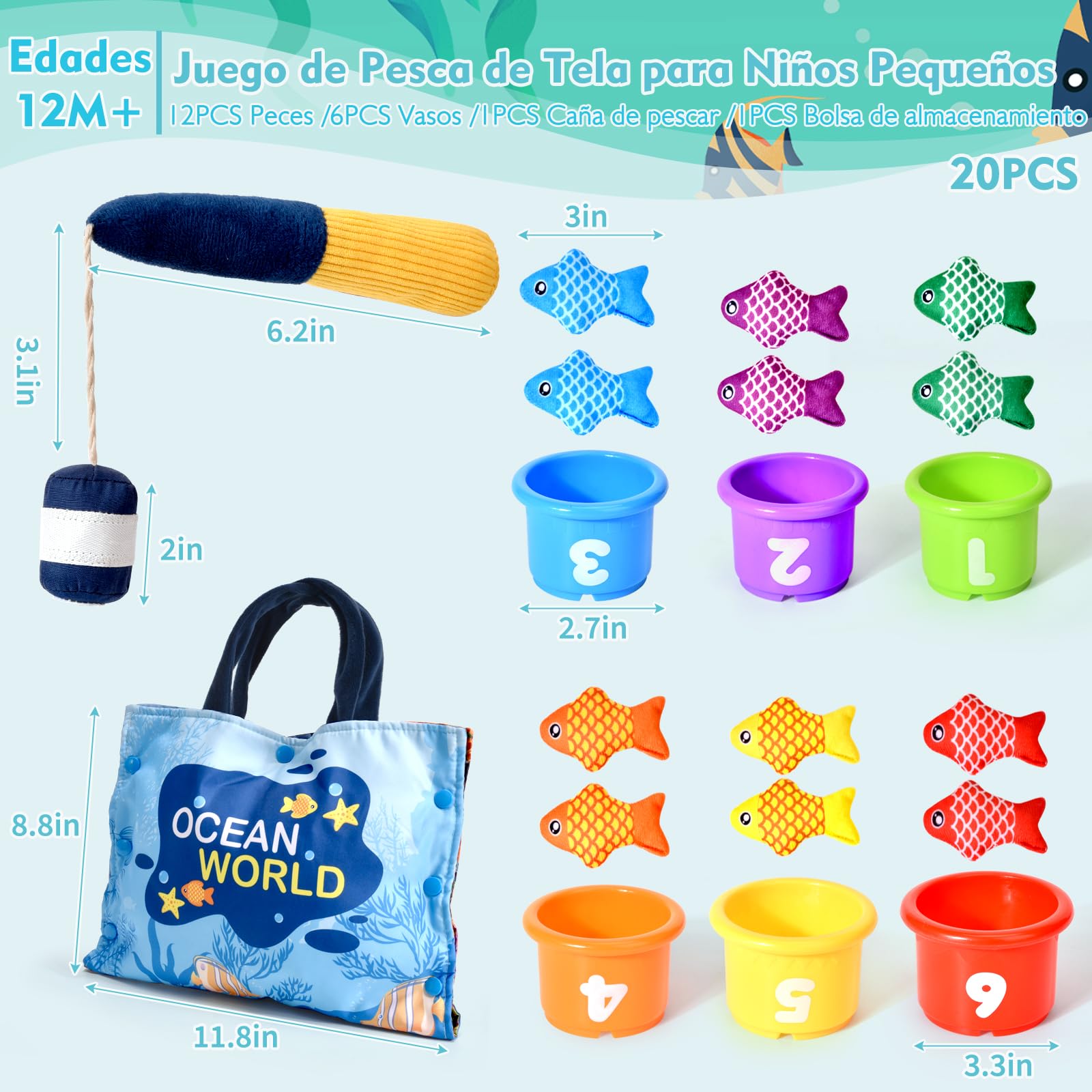 Juguetes Niños 1 Año Montessori, 20 Piezas Juego Pesca de Tela con Taza Apilables, Almacén Bolsa, Educativos Juguetes Bebes 6-12 Meses, Regalo Bebe 1 2 Año