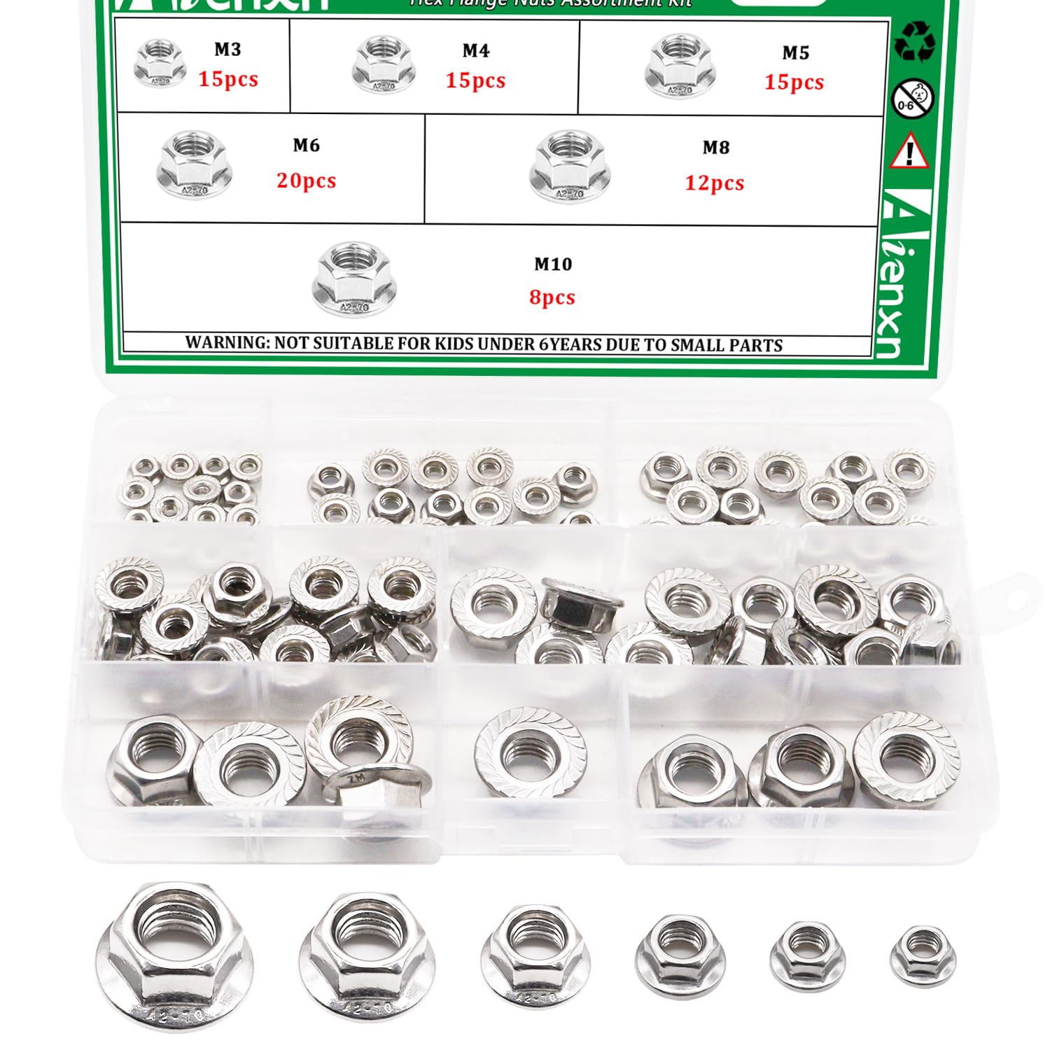 85PCS 6 Metric Sizes 304 Stainless Steel Hex Flange Nuts Assortment Kit-M3 M4 M5 M6 M8 M10