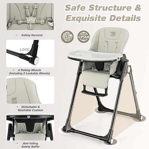 Miniatura 2 de BABY JOY Silla alta para bebés y niños pequeños, silla alta plegable con respaldoreposapiésaltura del asiento, bandejas dobles extraíbles, cojín de