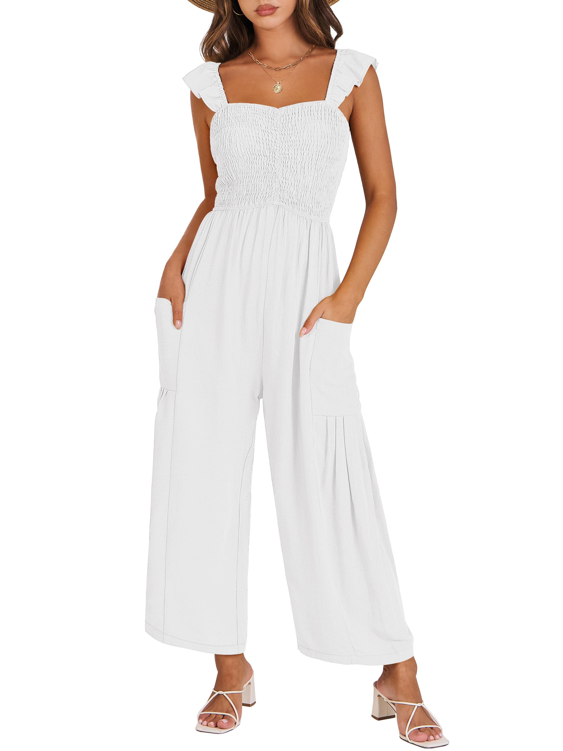 ANRABESS Smocked Wide Leg Jumpsuit