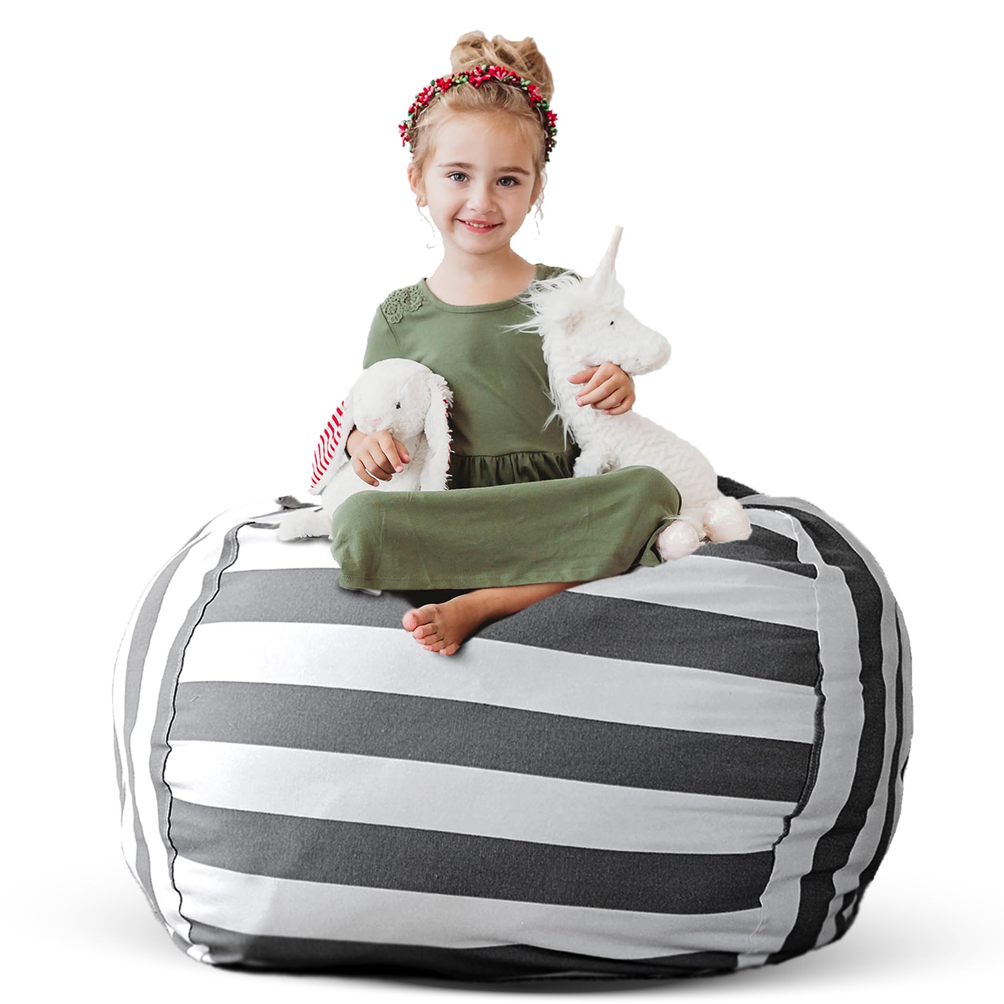 Creative QT Stuff ’n Sit Extra Large 38’’ Bean Bag Storage Cover for Stuffed Animals & Toys, Giant Beanbag Chair for Kids Ages 3-14, Bedroom Organizer for Easter, Grey/White Striped
