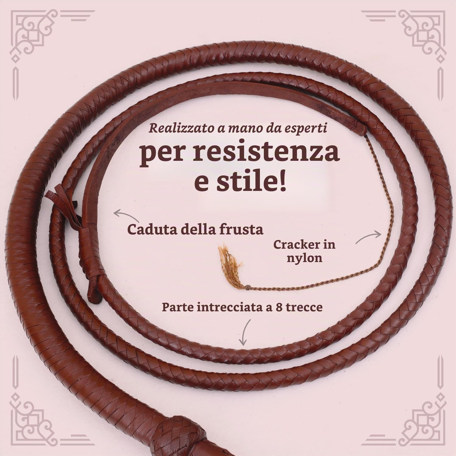 Indiana Jones Style - Frustino in Vera Pelle Bovina, 1,8 m, 8 trecce Marrone Scuro