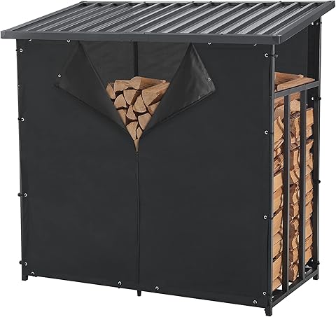casa.pro Leñera de Exterior Yakutat Cobertizo para Madera Soporte para Leña con Techo Inclinado y Cubierta Acero 185 x 130 x 70 cm Negro