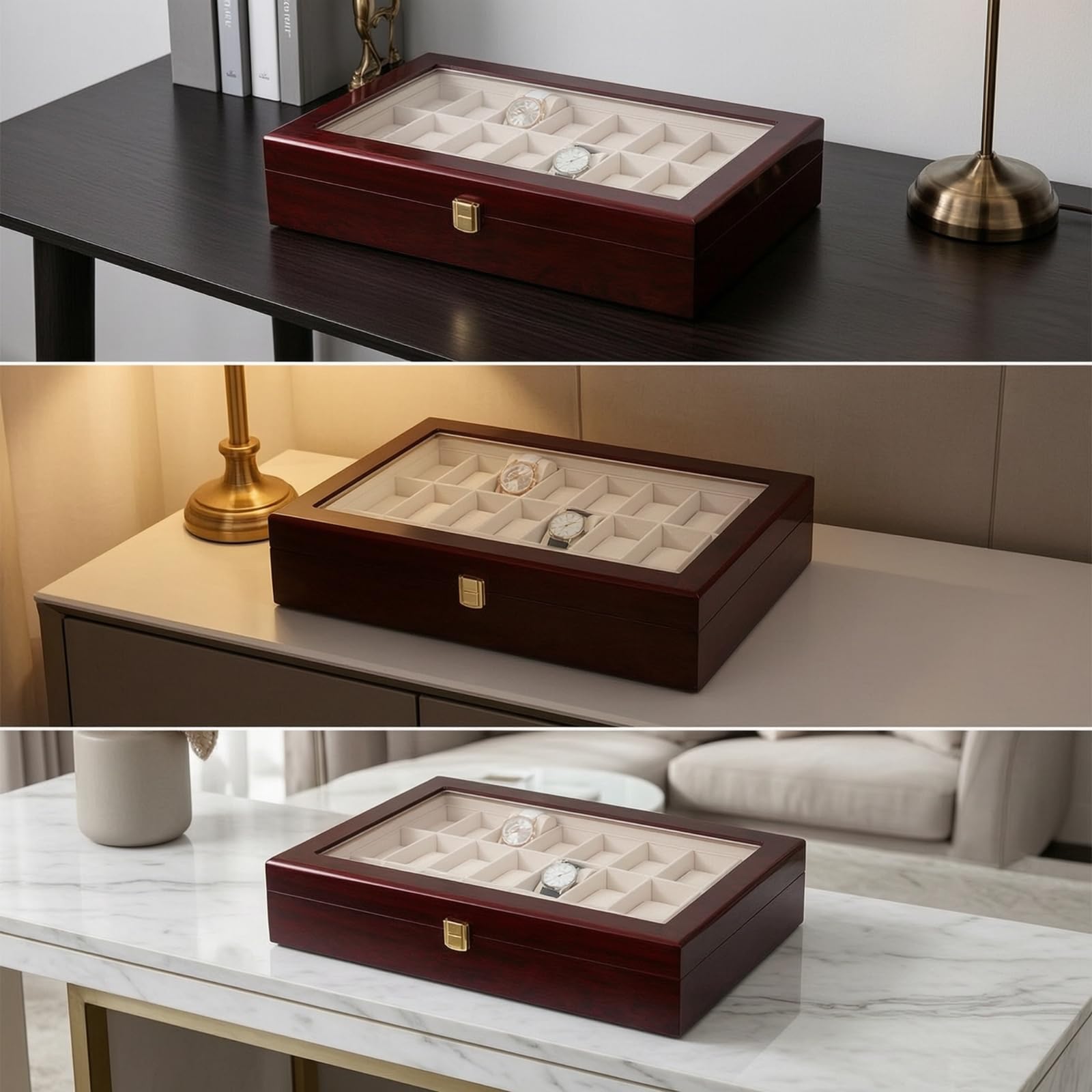 rockible Caja Expositor de Relojes Caja Organizador Estuche Vitrina con Madera Pulida Tapa Acristalada Pestillo Frontal Interior Aterciopelado para 24 Relojes