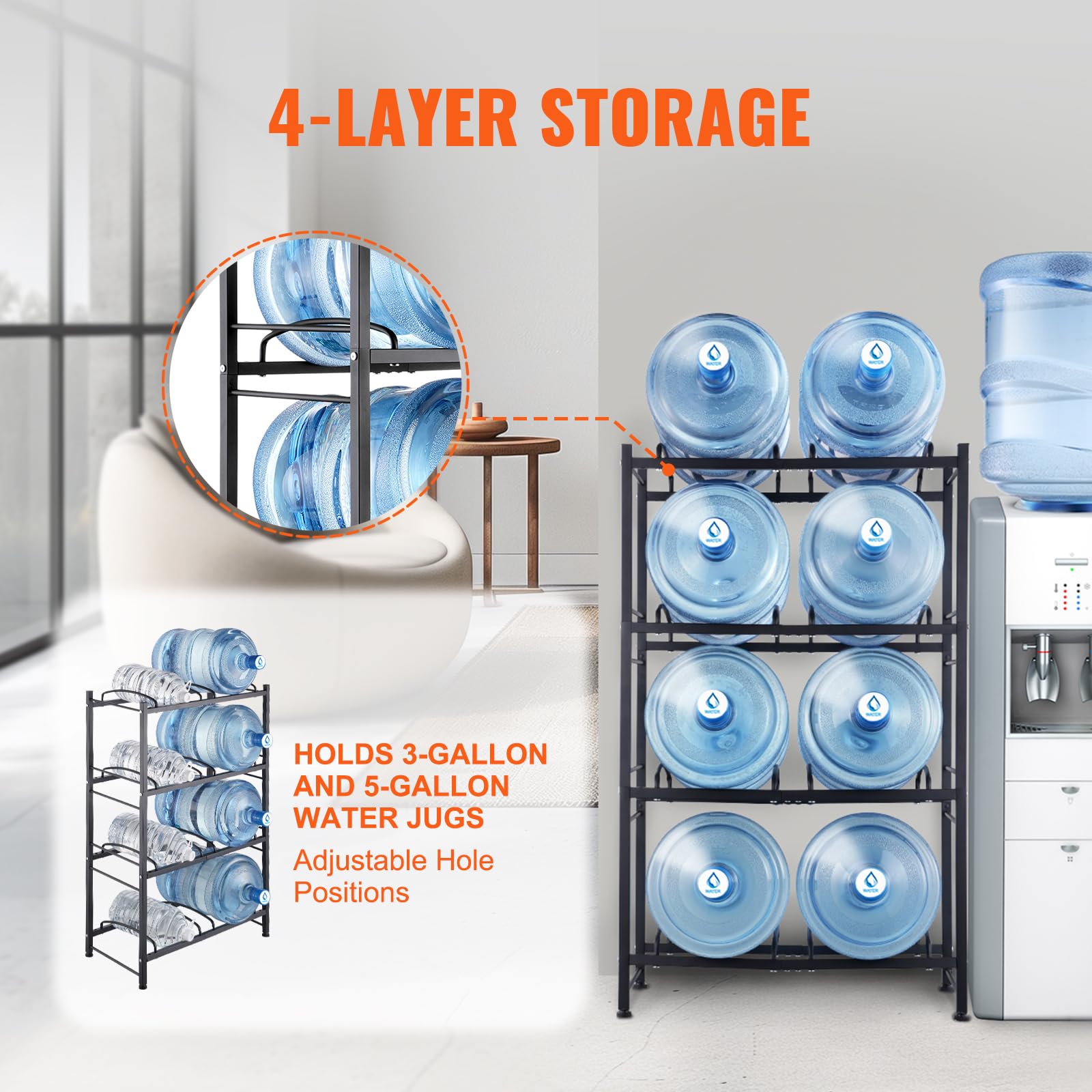 VEVOR Wasserkrughalter mit 4 Ebenen, 5 Gal Wasserflaschenhalter, zweireihiges Wasserflaschenregal aus Eisen für 8 Flaschen, robustes Wasserkrugregal Wasserkrughalter für Küche Büro Wohnzimmer schwarz