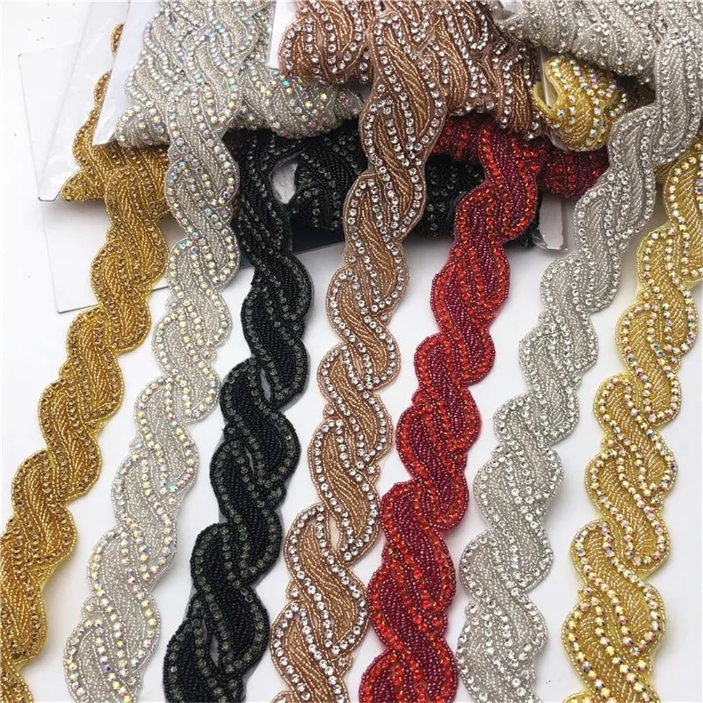 Generic 5Yards Bridal Beaded Rhinestone Applique Trim Gold Crystals Patches Iron On for Wedding Dresses Belt