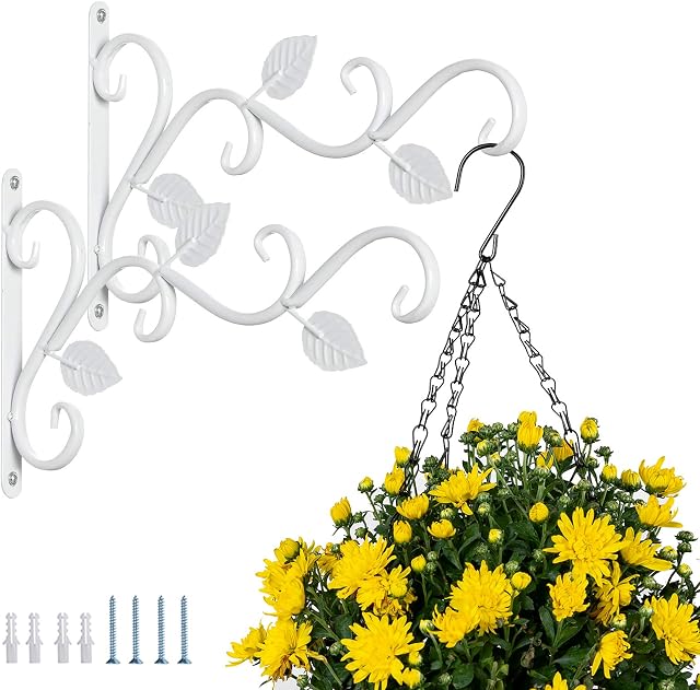 NUPTIO Wall Hanging Plant Bracket, 2 Pcs White Iron Hanging Hooks Wall Brackets 29.5cm Flower Pot Bird Feeder Hanger Retro Outdoor Indoor Garden Hook with Screws for Balcony Wind Chime Lantern