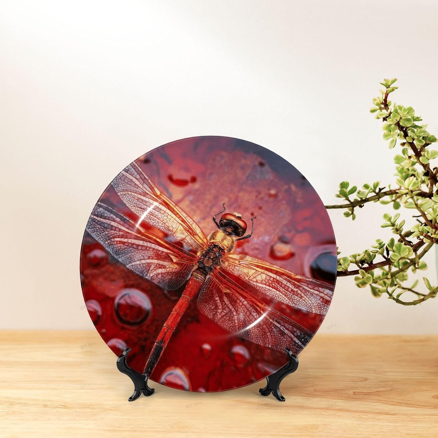 Decorative Plate 10in Bone China Dessert Plates with Display Stand Ceramic Ornament Ceramic Red Dragonfly Decorative Plates Art Crafts Porcelain Plate for Home Club Living Room