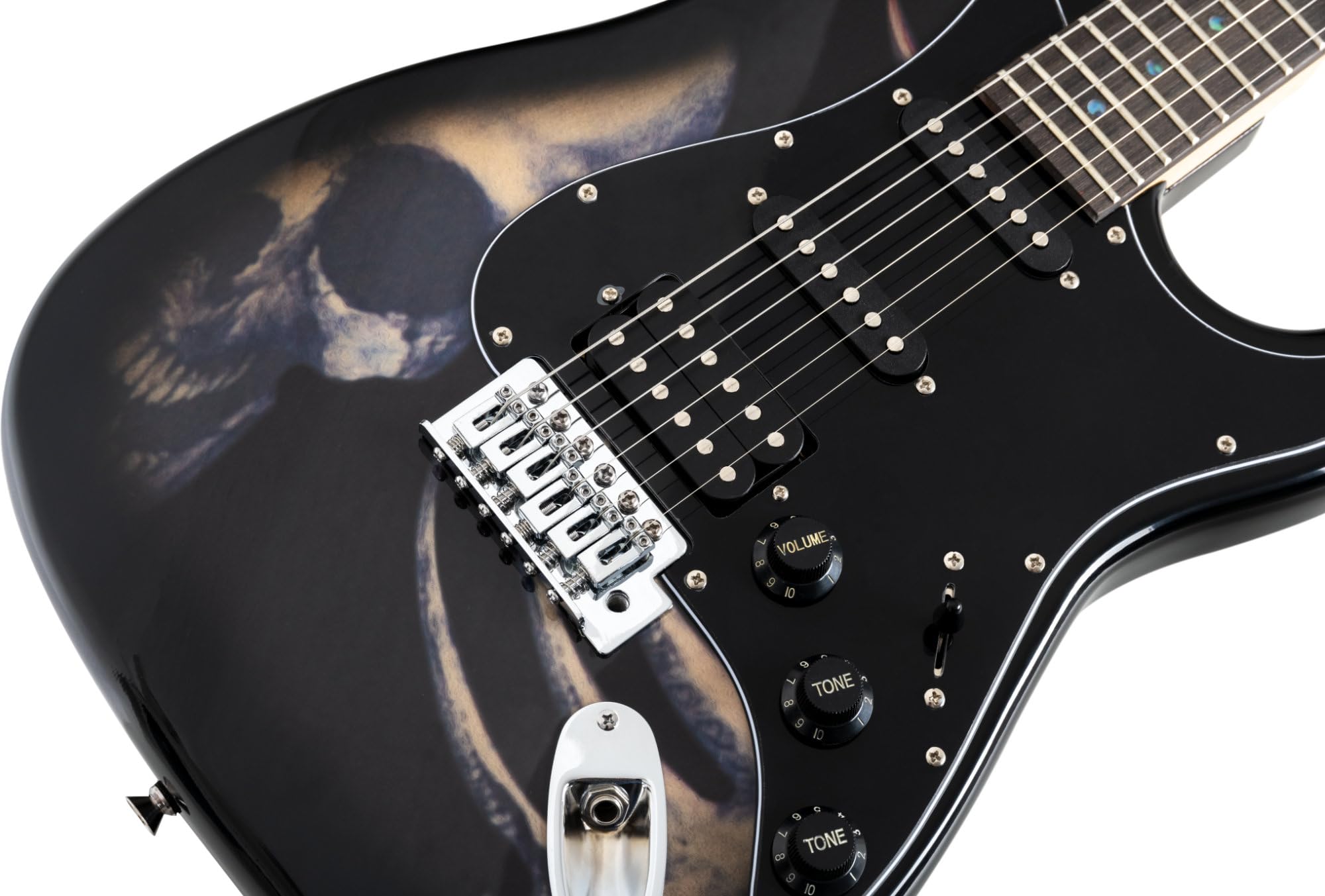 Rocktile Pro ST60-SK Chitarra Elettrica Set con Gigbag Skull, Corpo: Tiglio | Manico: acero avvitato, 1 Humbucker/2 Single Coil pickup, 22 tasti jumbo, Tastiera in palissandro, Intarsi: Dot, Peso: ca. 1