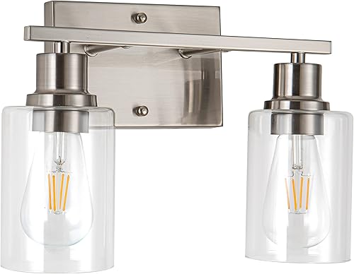 Lámpara de baño de 2 luces, lámpara de tocador de níquel cepillado con pantalla de vidrio transparente, aplique de pared moderno para espejo, baño,