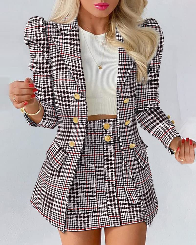 shownicer Tailleur Femme 2 Pièces Costume Ensemble Jupe Veste Blazer à Manches Longues Col V + Jupe Crayon Costume OL Bureau Chic Elégant Slim Fit pour Travail