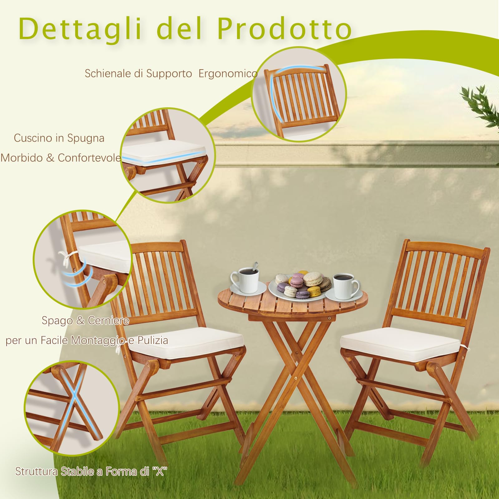 LIFEZEAL Set da Bistrò per Balcone Pieghevole, Set di Mobili da Esterno, 3 Pezzi, Set Tavolo e Sedie da Giardino con Cuscino Imbottito in Legno di Acacia, Tavolo Portato 80kg, Sedie Portate 160kg