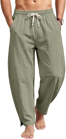 Mens Linen Pants Casual Harem Pants Lightweight Summer Beach Pants Drawstring Vacation Yoga Trousers with Pockets