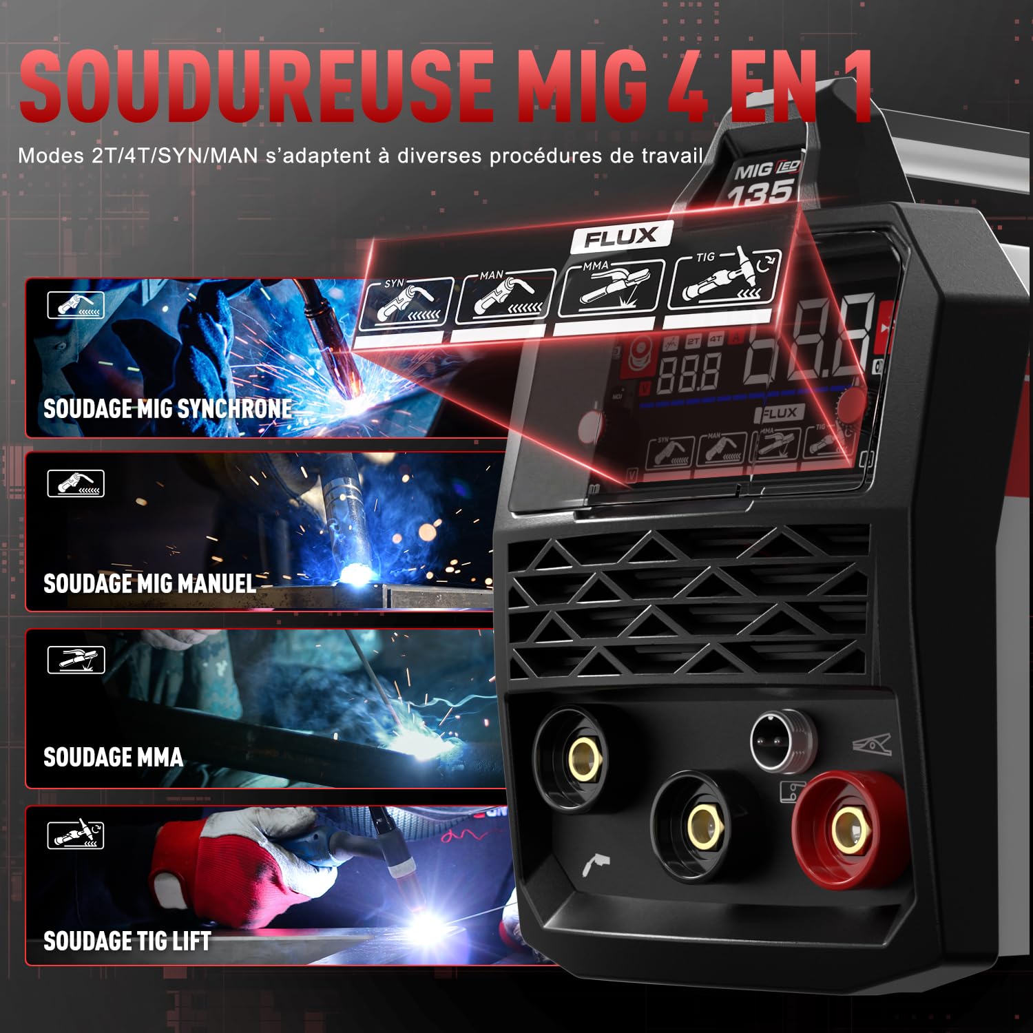 ANDELI Poste à Souder 135A 4-en-1 avec fil fourré et fonction pulsée – MIG sans gaz, TIG Lift et MMA – Kit complet incluant casque et gants, écran LED et système synergie, prêt à l’emploi sur 230V
