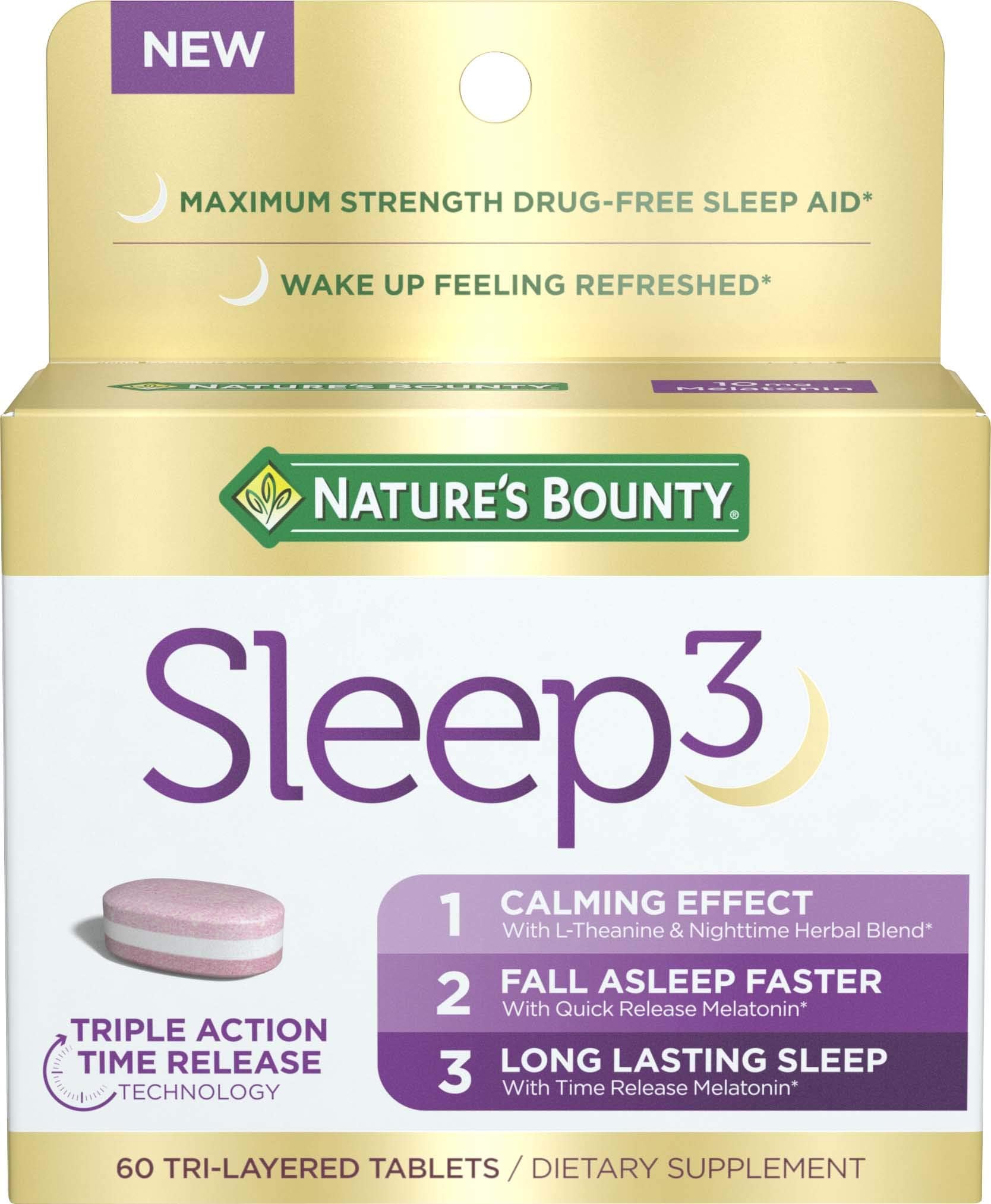Nature’s Bounty Sleep3 Melatonin 10mg, Maximum Strength 100% Drug Free Sleep Aid, Dietary Supplement, L-Theanine & Nighttime Herbal Blend Time Release Technology, 60 Tri-Layered Tablets