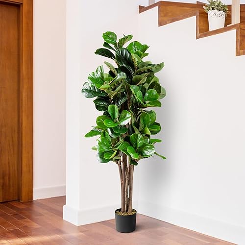 Miniatura 3 de Happygrill Árbol de vegetación artificial de 5 pies, plantas de higuera de hoja de violín falsa para interiores en maceta, árbol de ficus lyrata