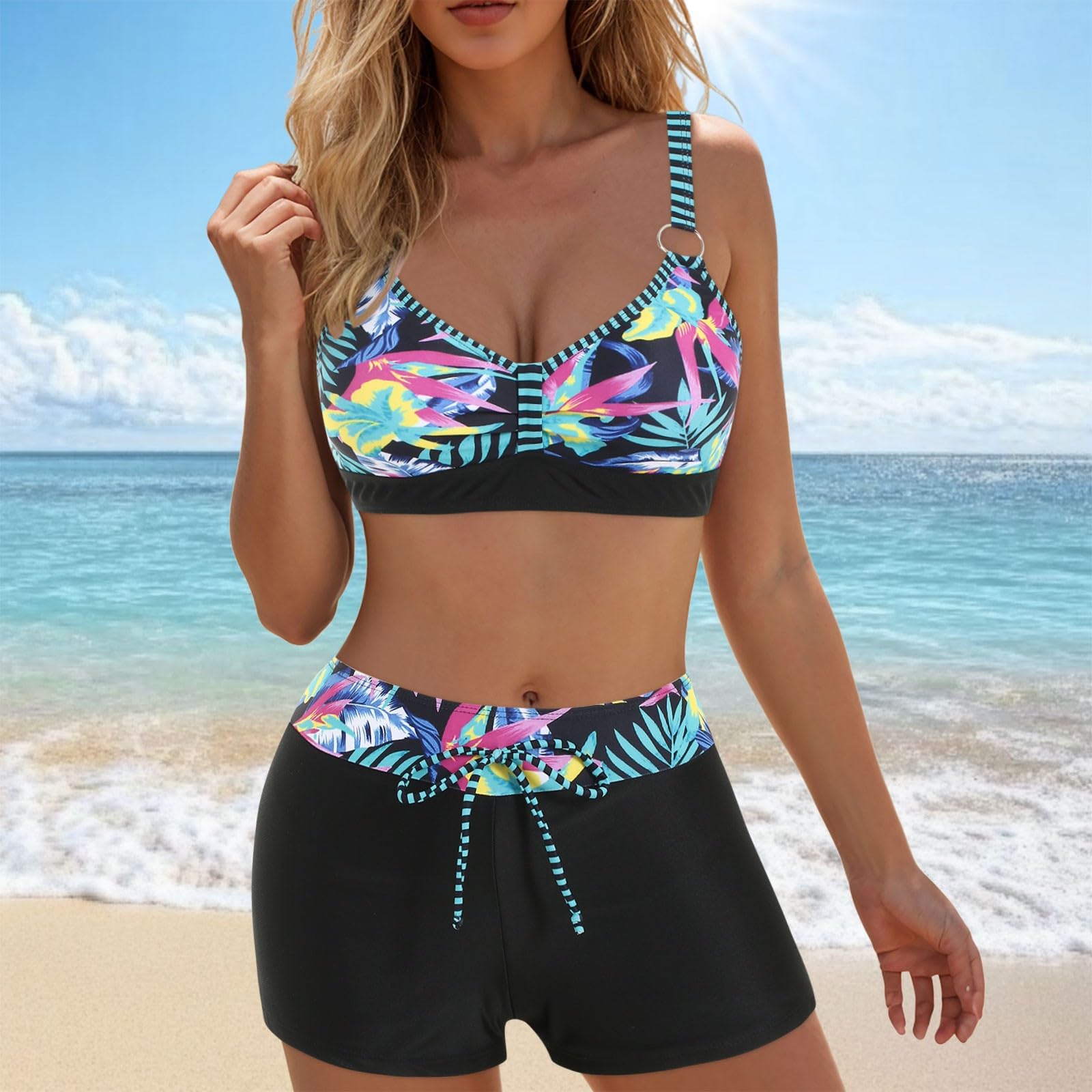 Conjuntos de Bikinis para Mujer Retro Ajustable Cintura Alta Traje Baño Verano Playa