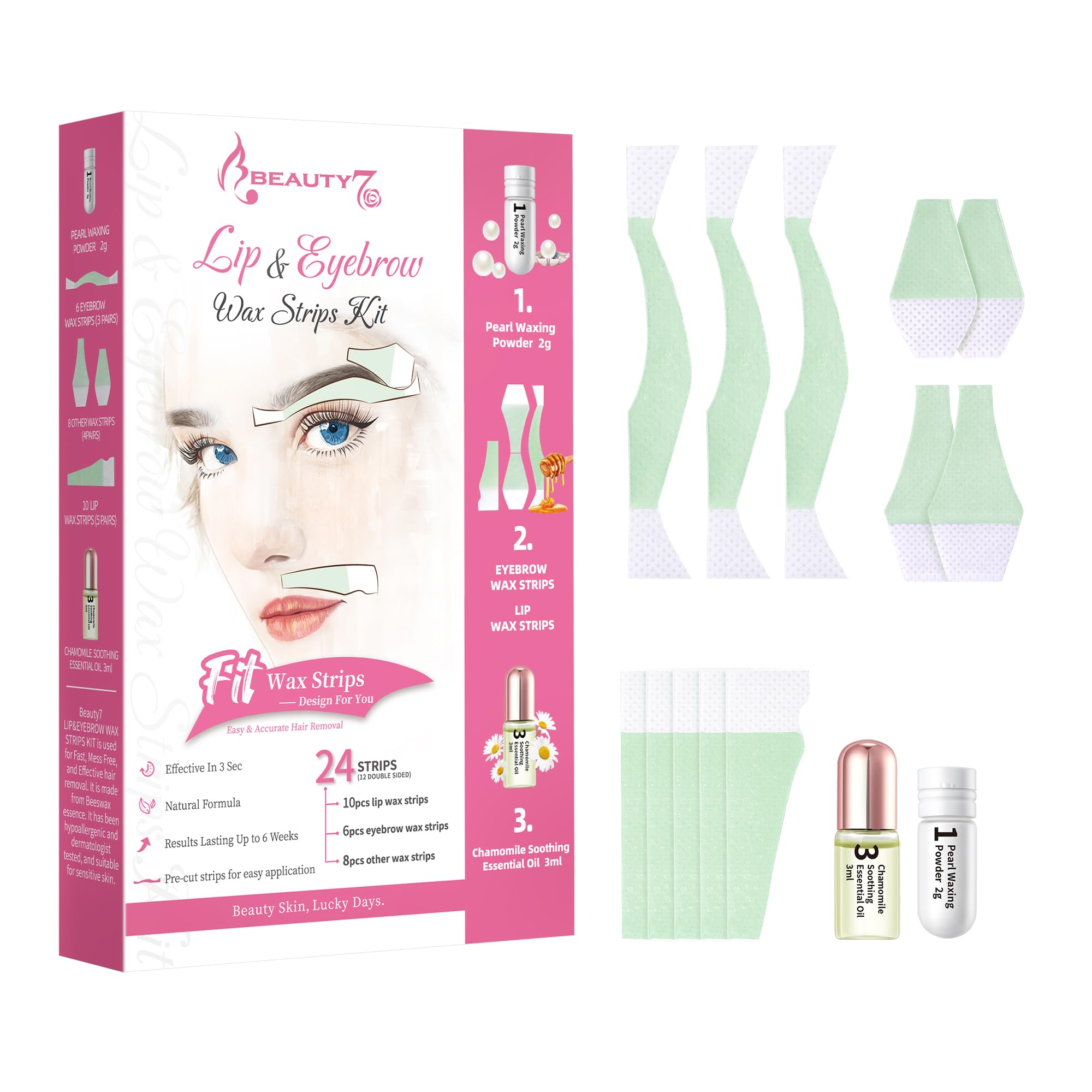 Bandas de Cera Fría Depilatoria Facial, Tiras de Cera para Labios y Cejas en Casa, Pack de 24 Tiras con Polvo de Perla Aceite Esencial para Piel Sensible Beauty7
