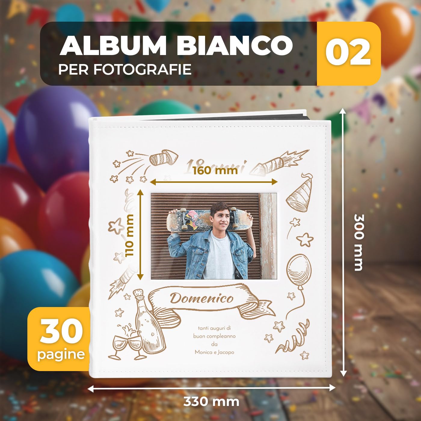 Album Fotografico Maverton Personalizzato | Copertina Pelle Sintetica Bianca Con Incisione - 240 Foto 10x15 - Foto 10