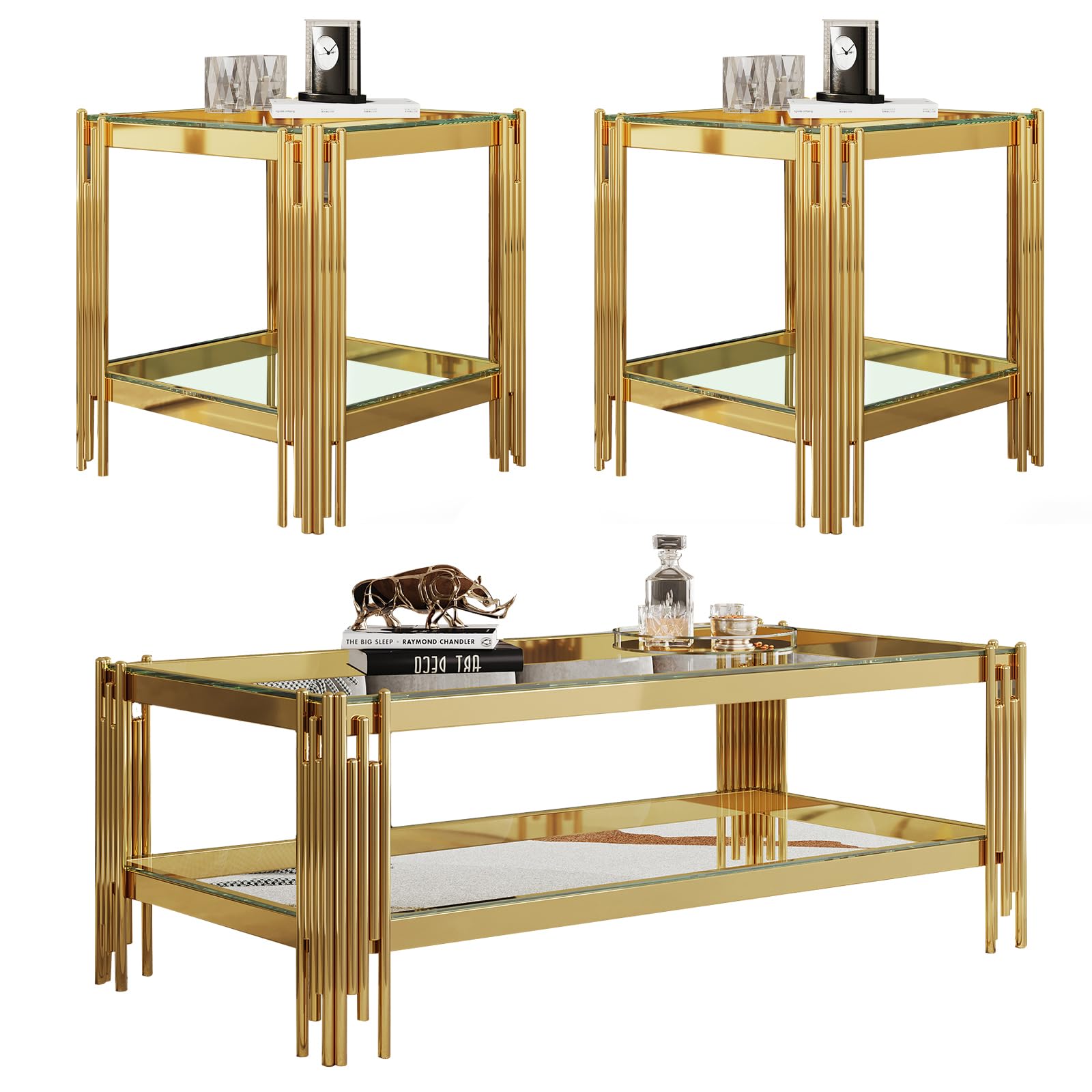 SSLine 3-Piece Living Room Table Set Modern Clear Glass Coffee Table with 2 End Table Luxury Rectangle 2-Tier